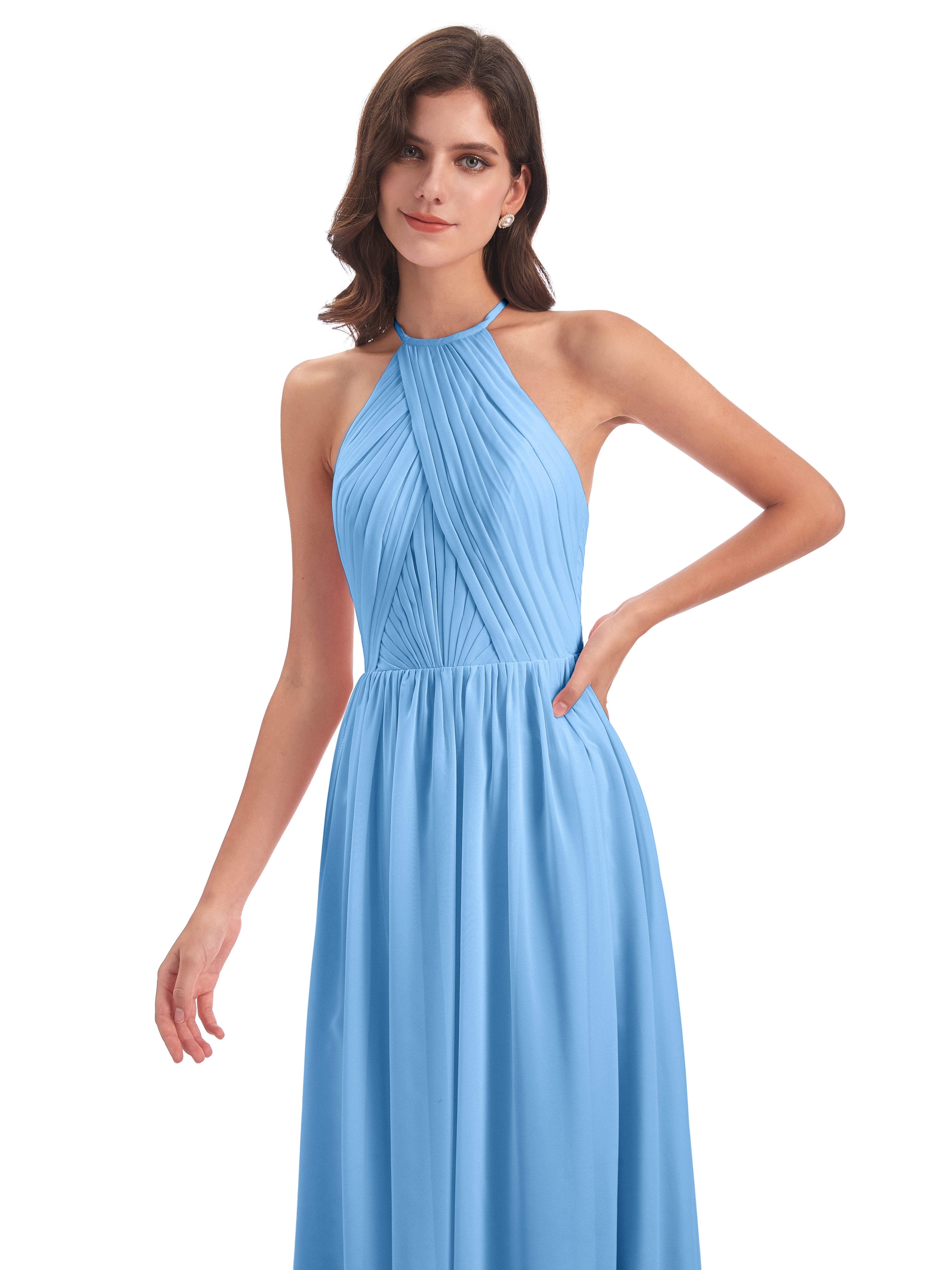 Robes Demoiselle D Honneur Bleu Dos Ouvert Licou Mousseline Robes Demoiselle D'Honneur