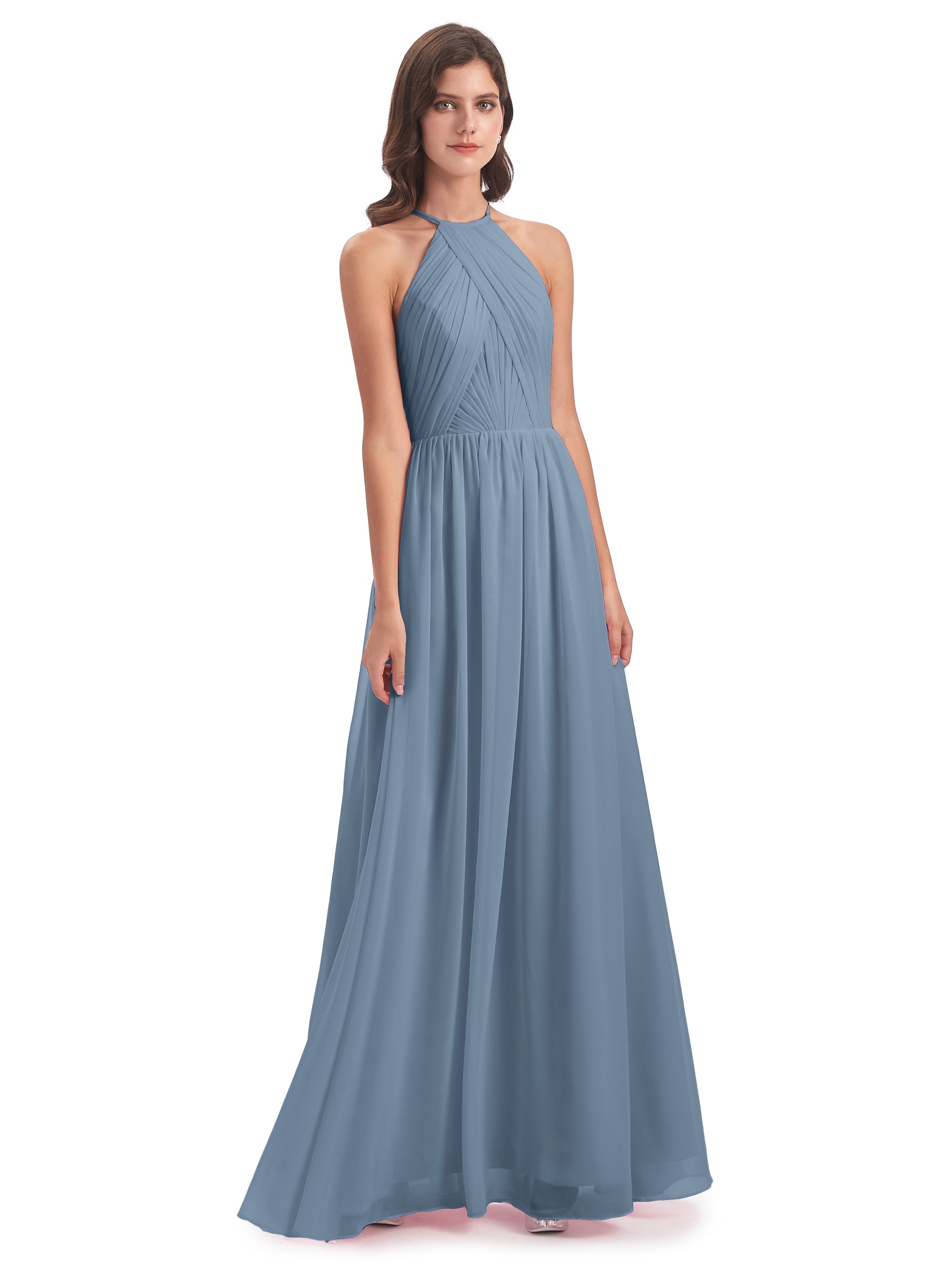 Robes De Demoiselle D'Honneur Bleu De Schiste Dos Ouvert Licou Mousseline Robes Demoiselle D'Honneur