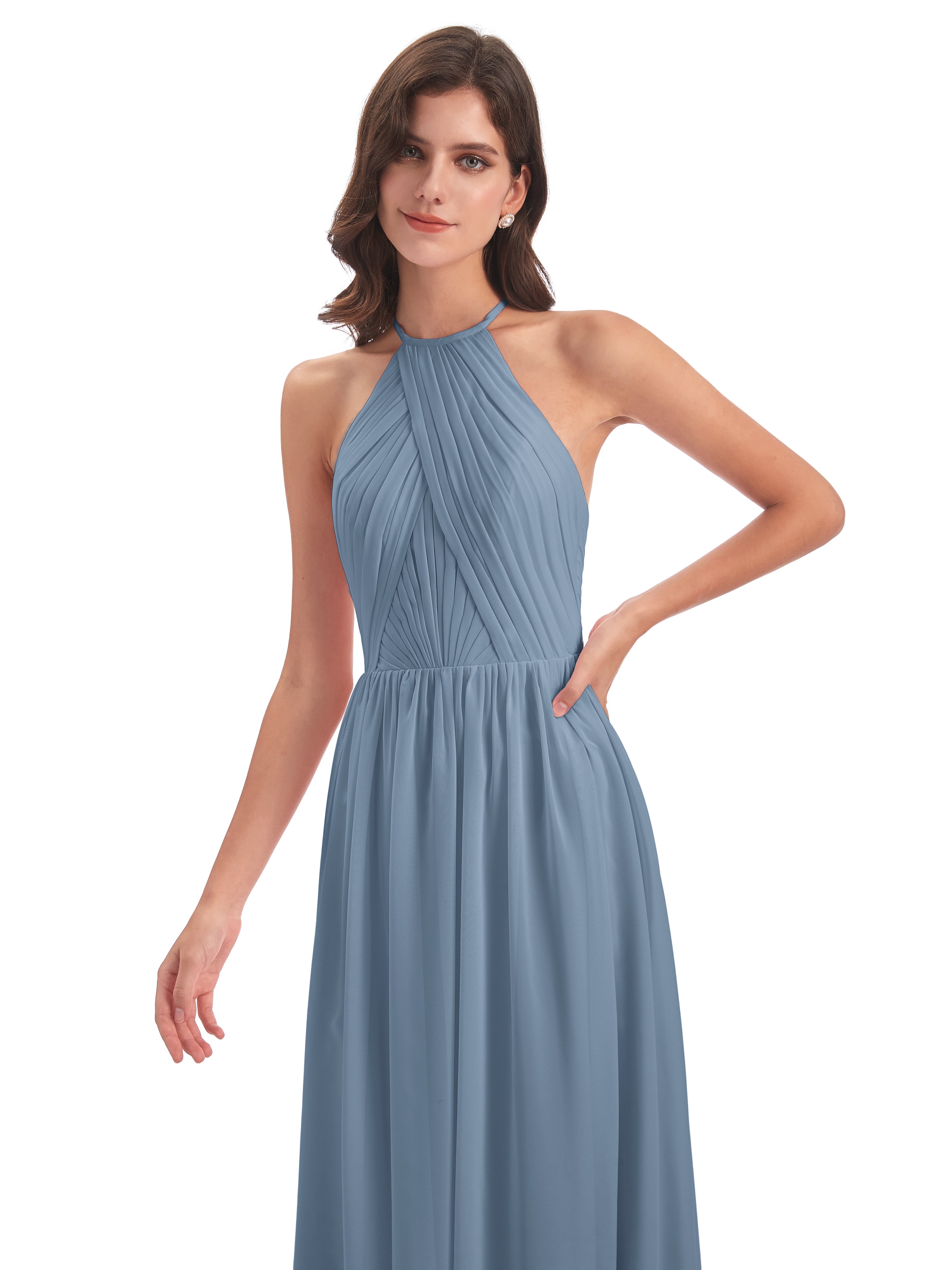 Robes De Demoiselle D'Honneur Bleu De Schiste Dos Ouvert Licou Mousseline Robes Demoiselle D'Honneur