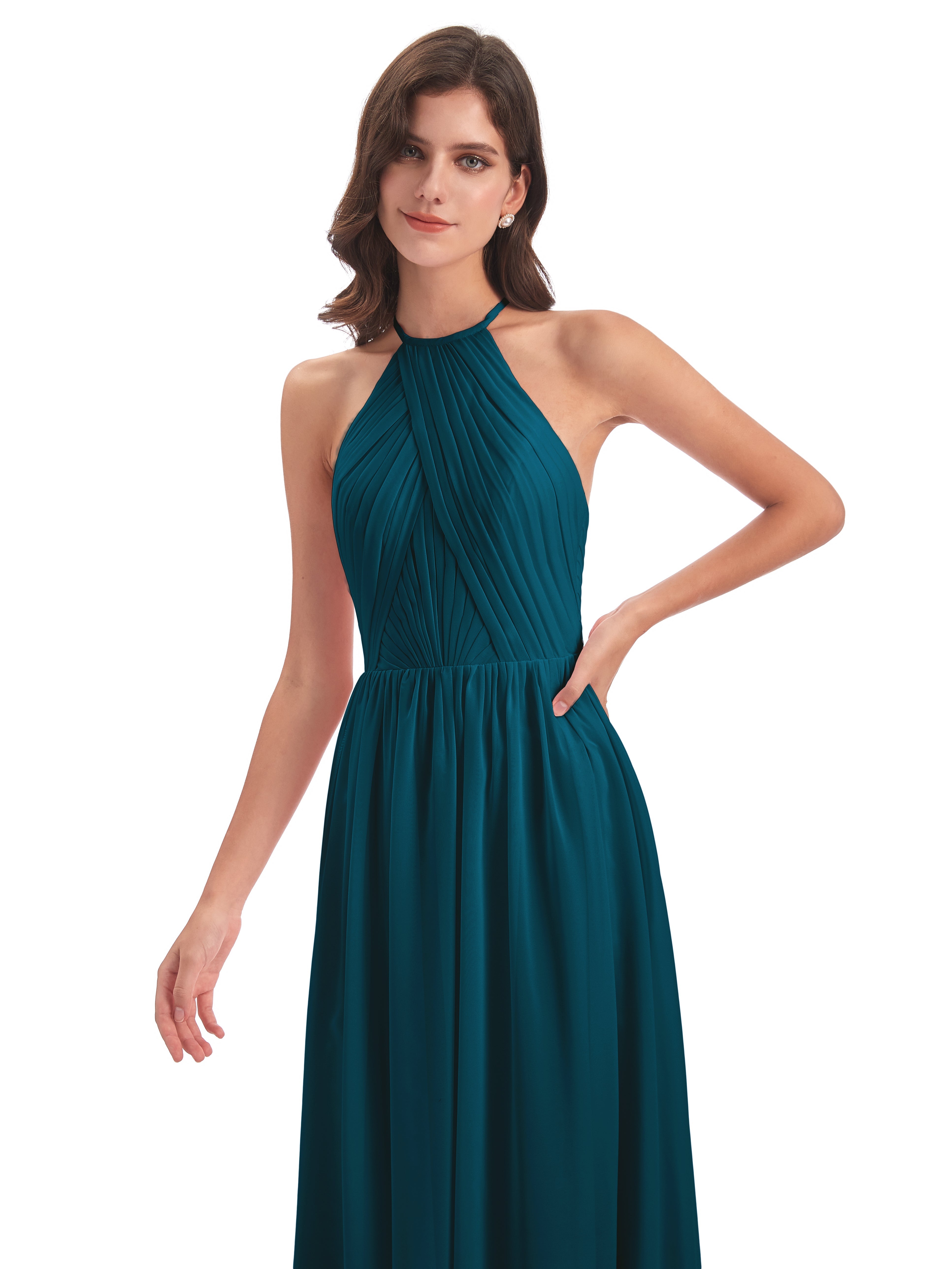 Robes De Demoiselle D'Honneur Bleu Encre Dos Ouvert Licou Mousseline Robes Demoiselle D'Honneur