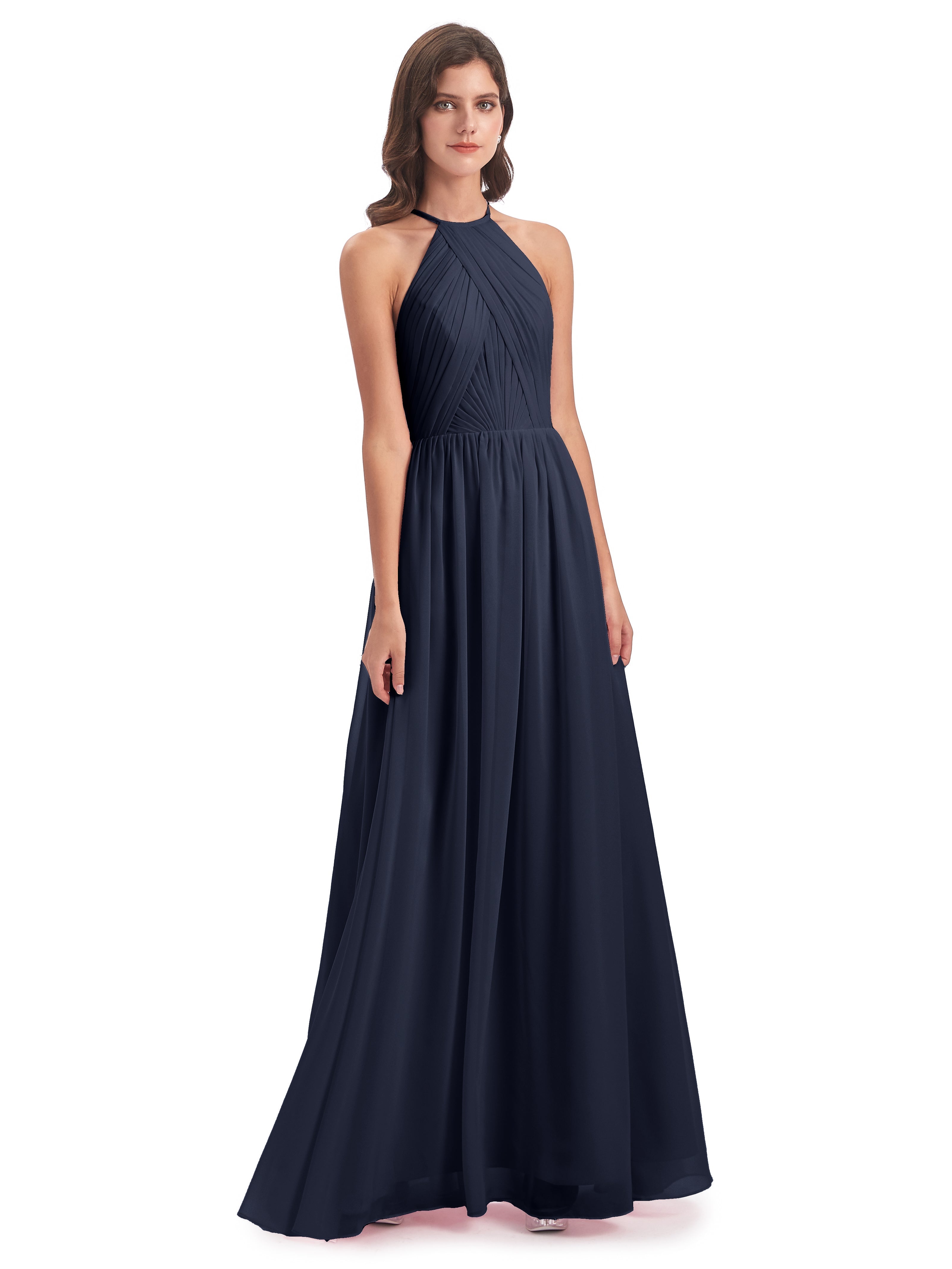 Robe Demoiselle Dhonneur Bleu Marine Dos Ouvert Licou Mousseline Robes Demoiselle D'Honneur