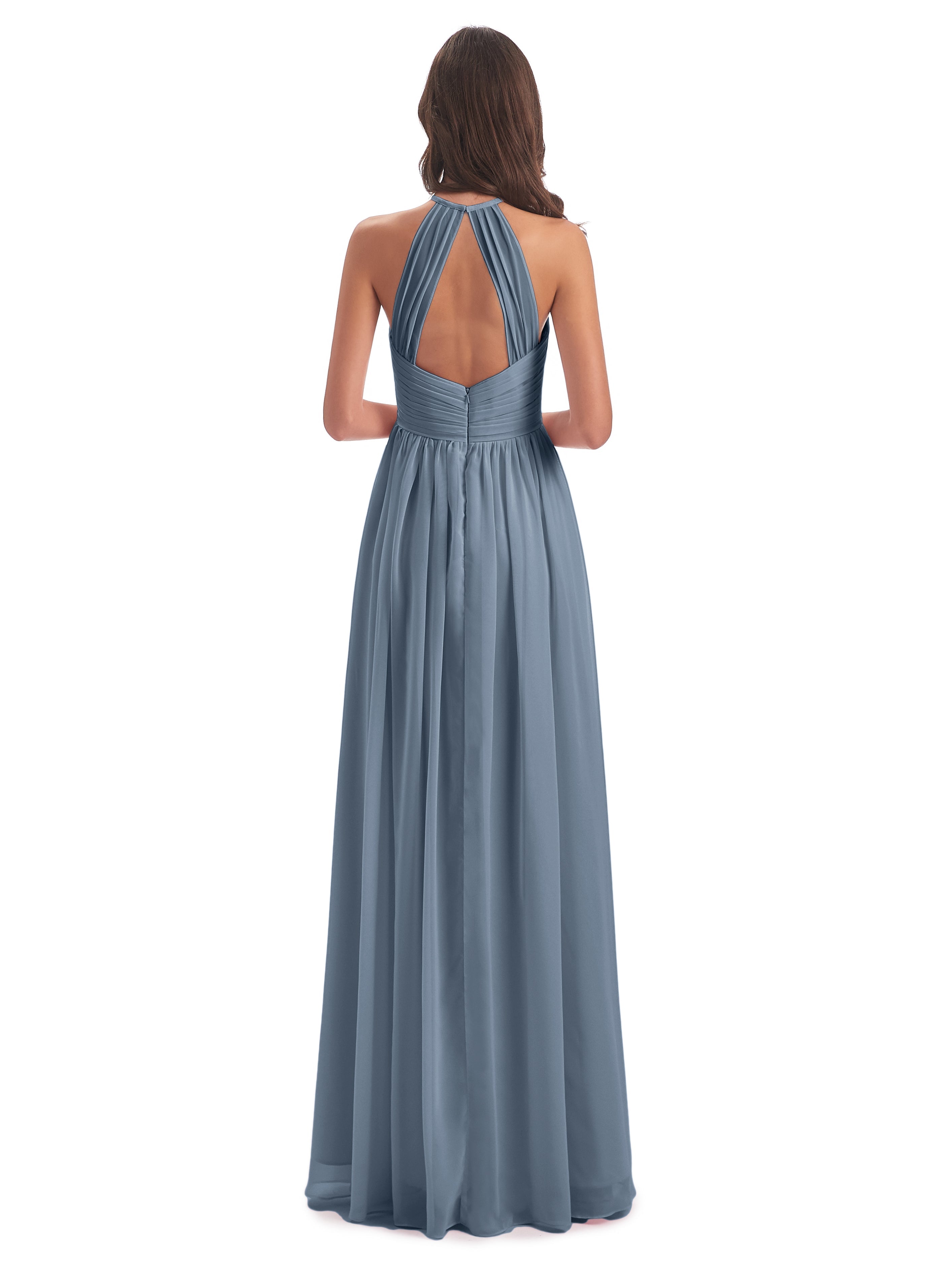 Robes De Demoiselle D'Honneur Bleu Poussiéreux Dos Ouvert Licou Mousseline Robes Demoiselle D'Honneur