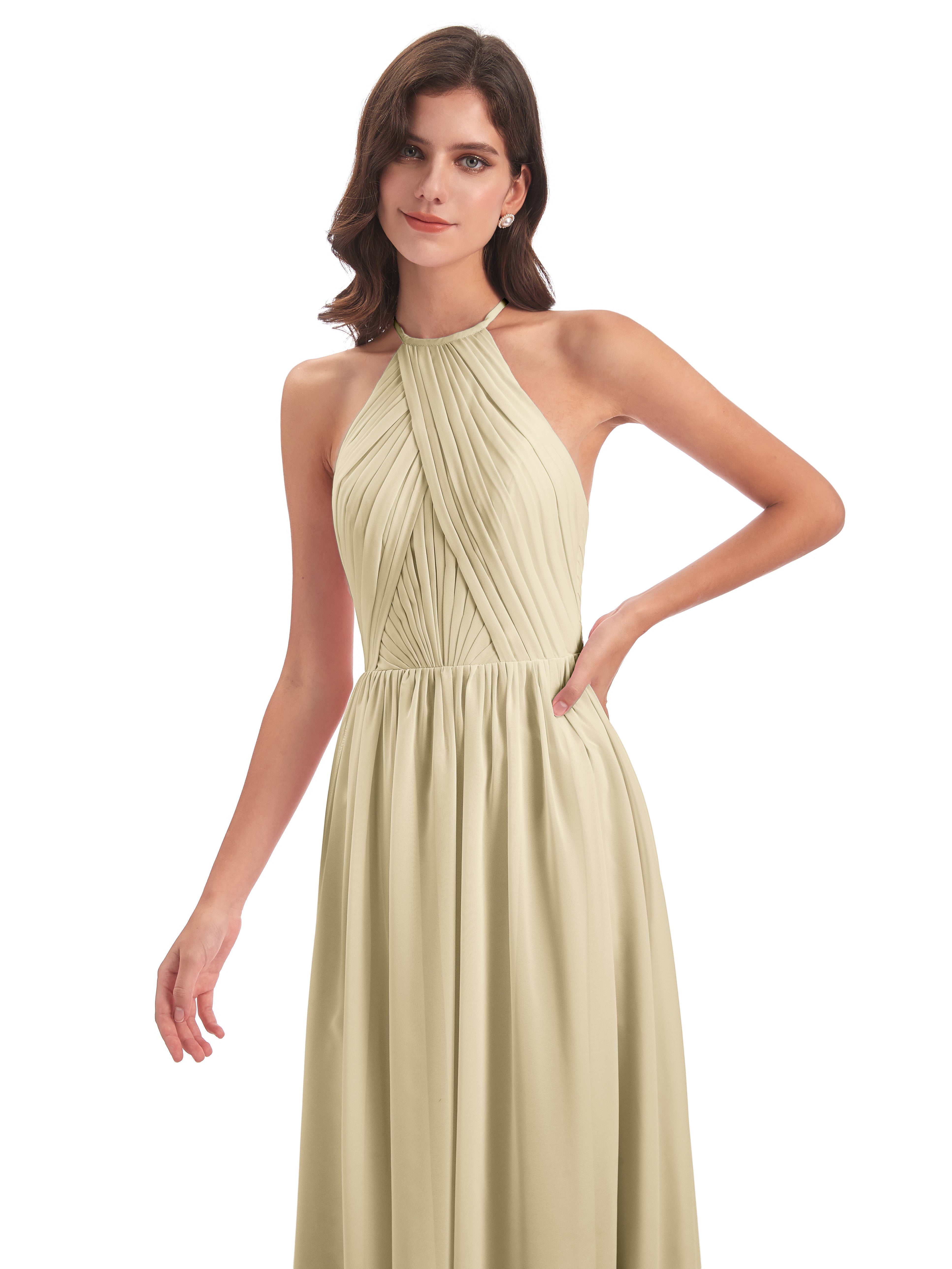 Robes Demoiselle D Honneur Champagne Dos Ouvert Licou Mousseline Robes Demoiselle D'Honneur