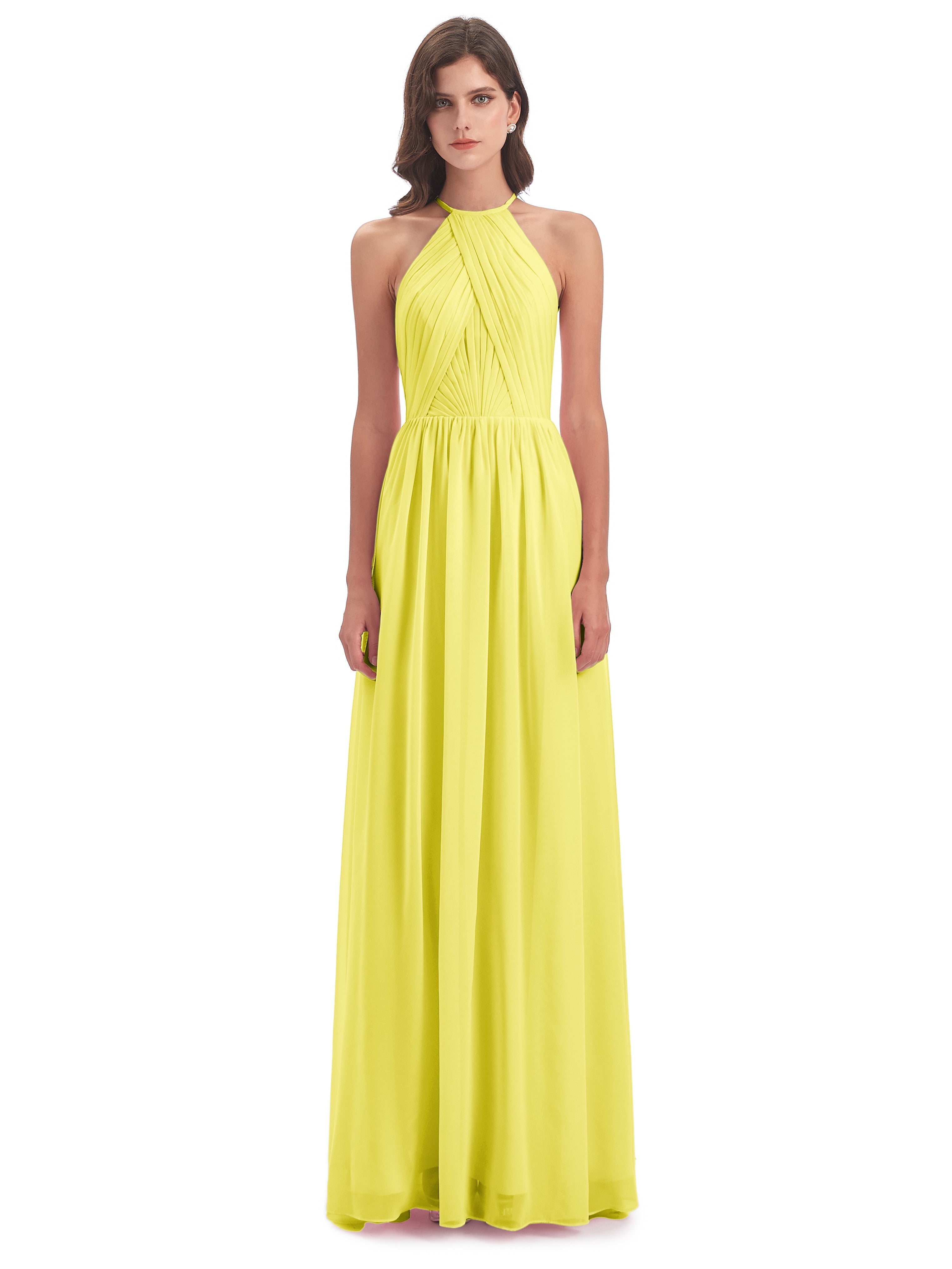 Robes De Demoiselle D'Honneur Citron Dos Ouvert Licou Mousseline Robes Demoiselle D'Honneur