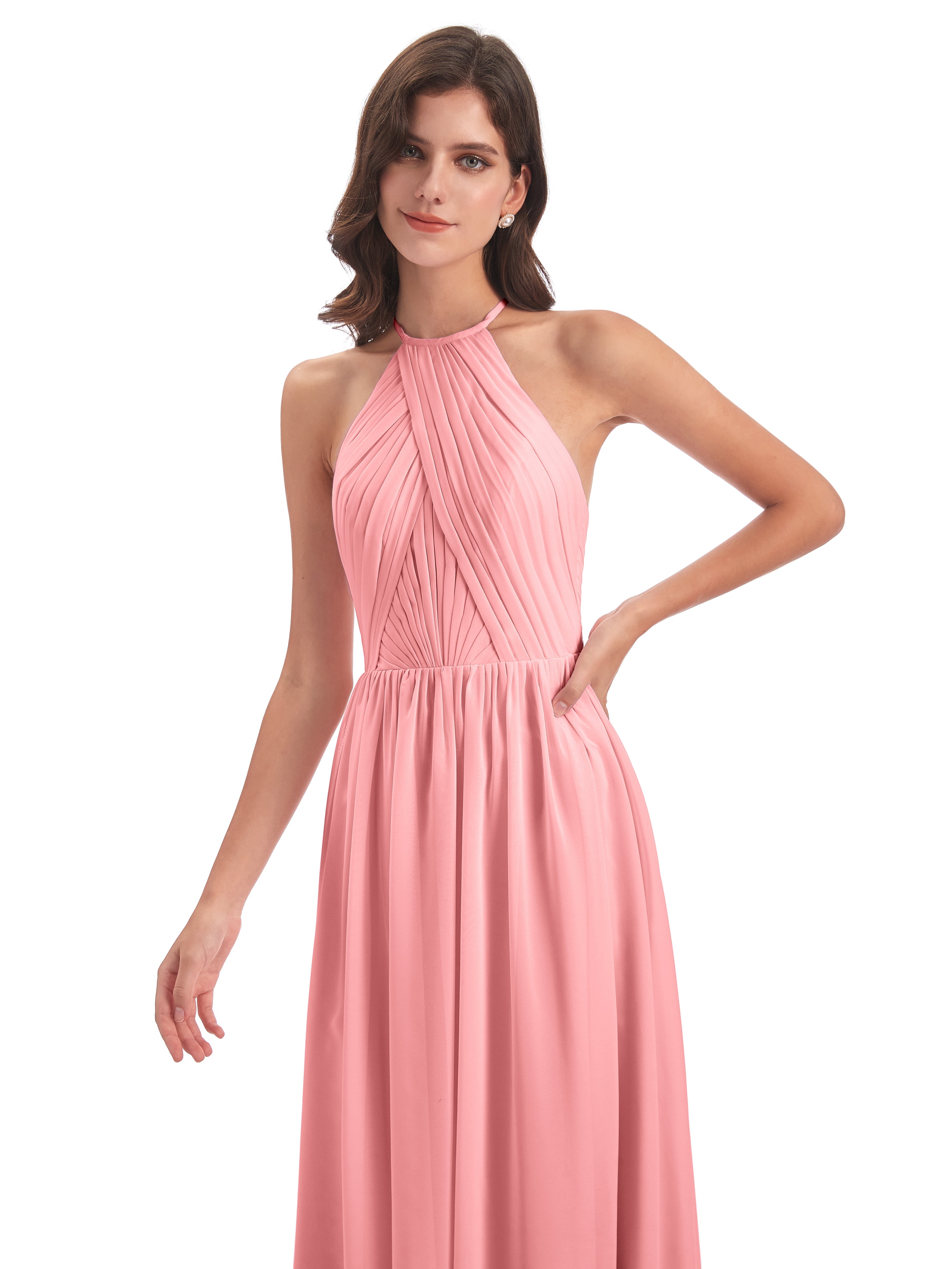 Robes De Demoiselle D'Honneur En Flamant Dos Ouvert Licou Mousseline Robes Demoiselle D'Honneur