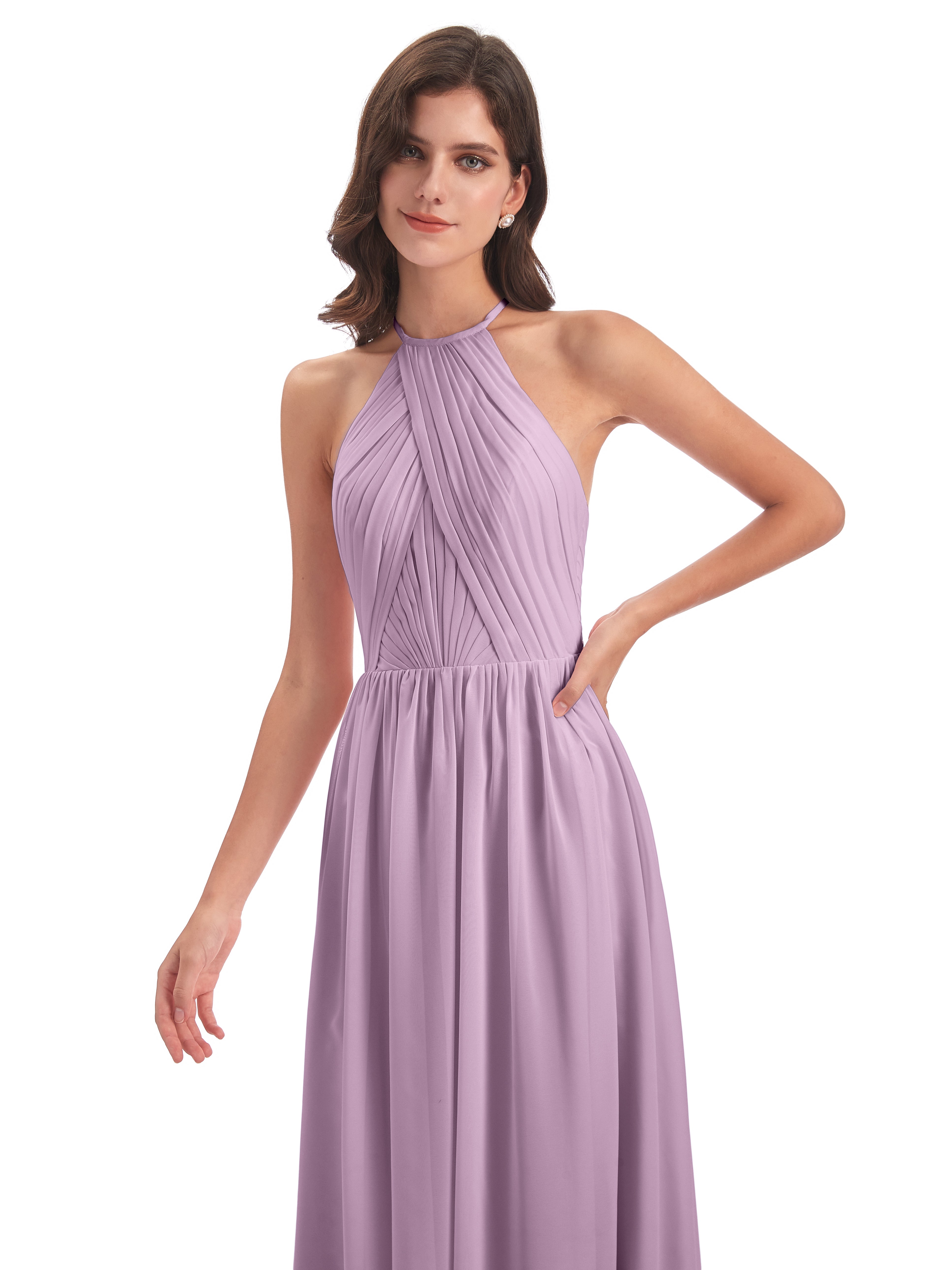 Robes De Demoiselle D'Honneur Glycine Dos Ouvert Licou Mousseline Robes Demoiselle D'Honneur