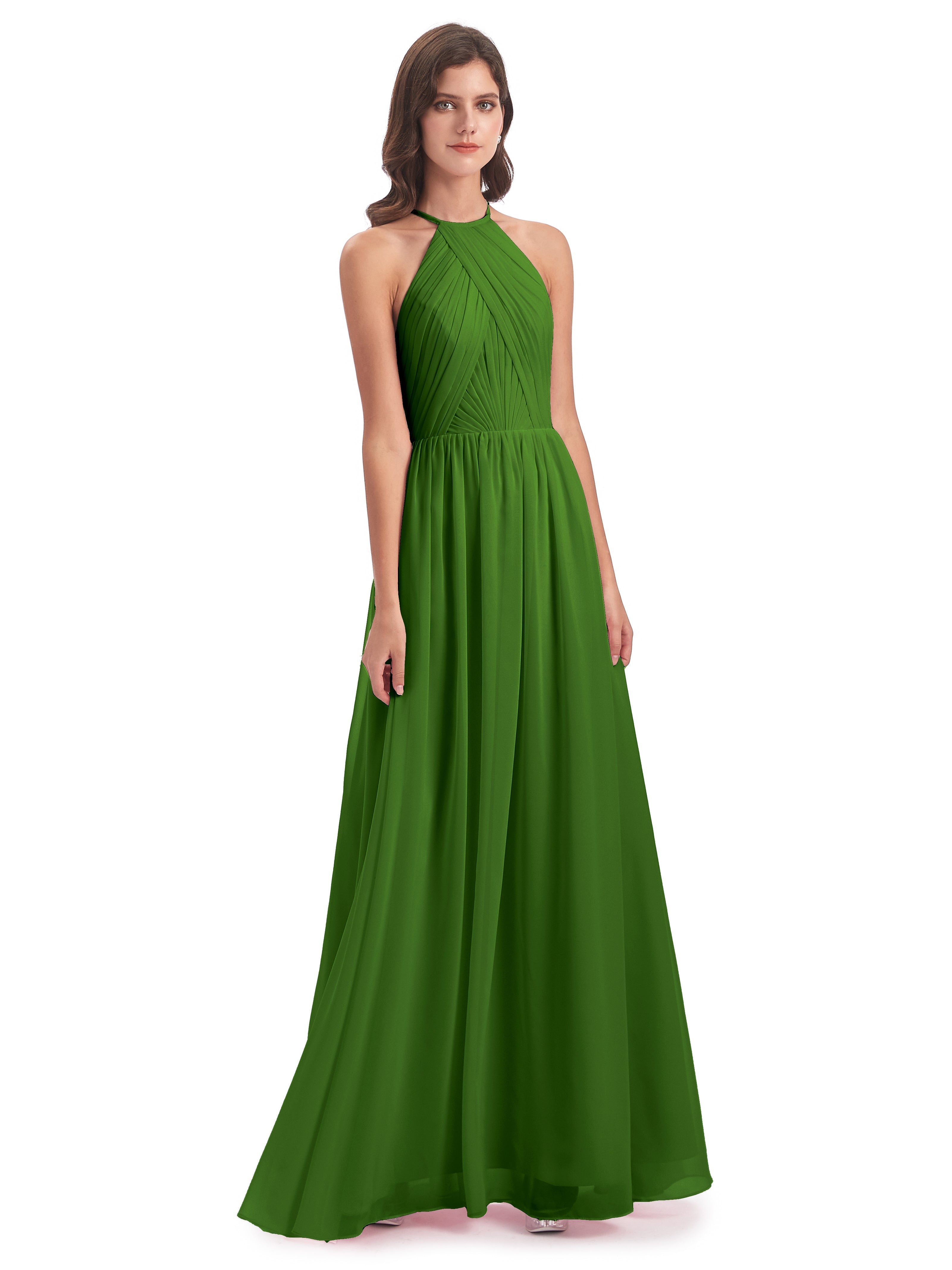 Robes De Demoiselle D'Honneur Vert Mousse Dos Ouvert Licou Mousseline Robes Demoiselle D'Honneur