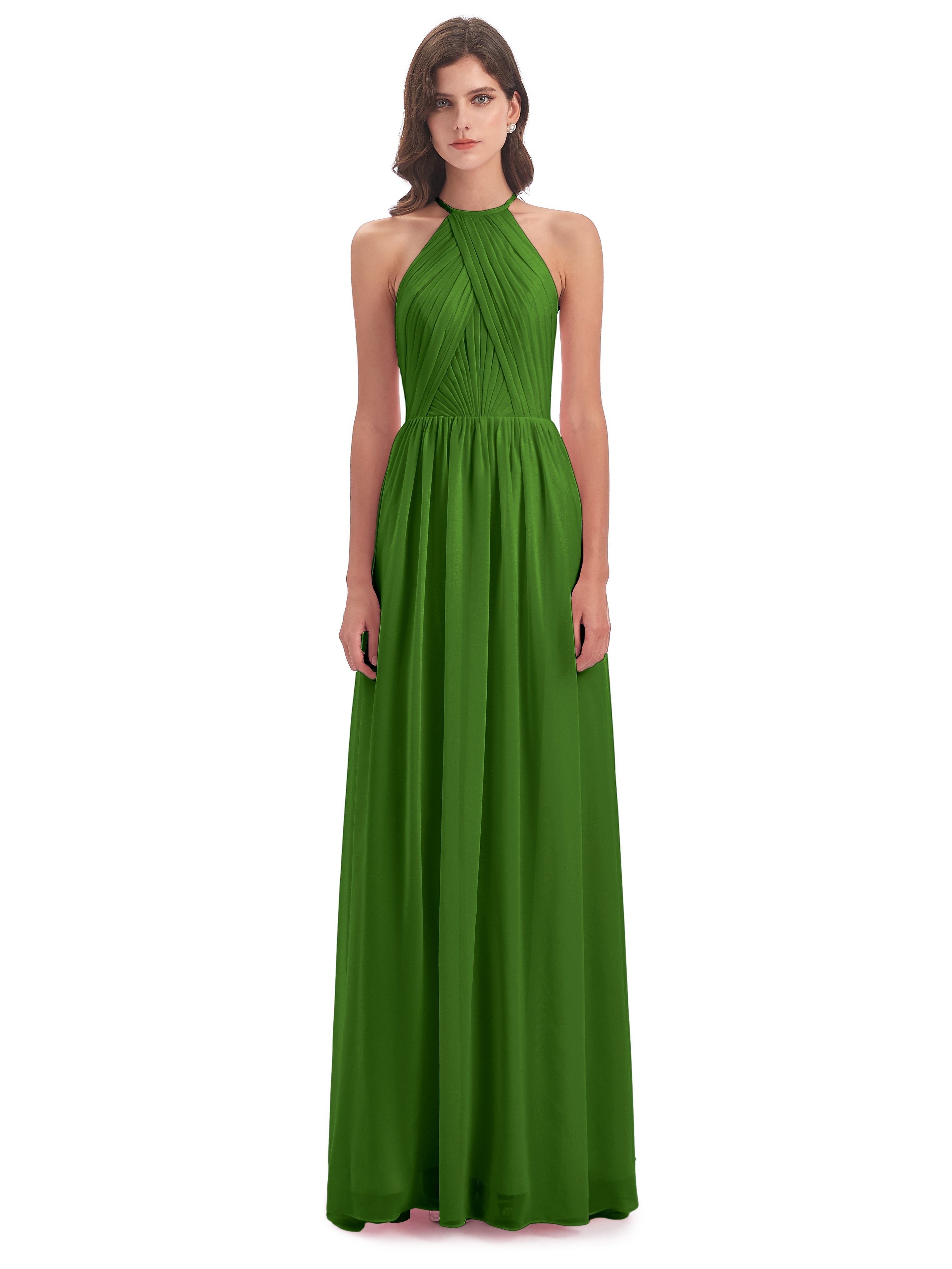 Robes De Demoiselle D'Honneur Vert Mousse Dos Ouvert Licou Mousseline Robes Demoiselle D'Honneur