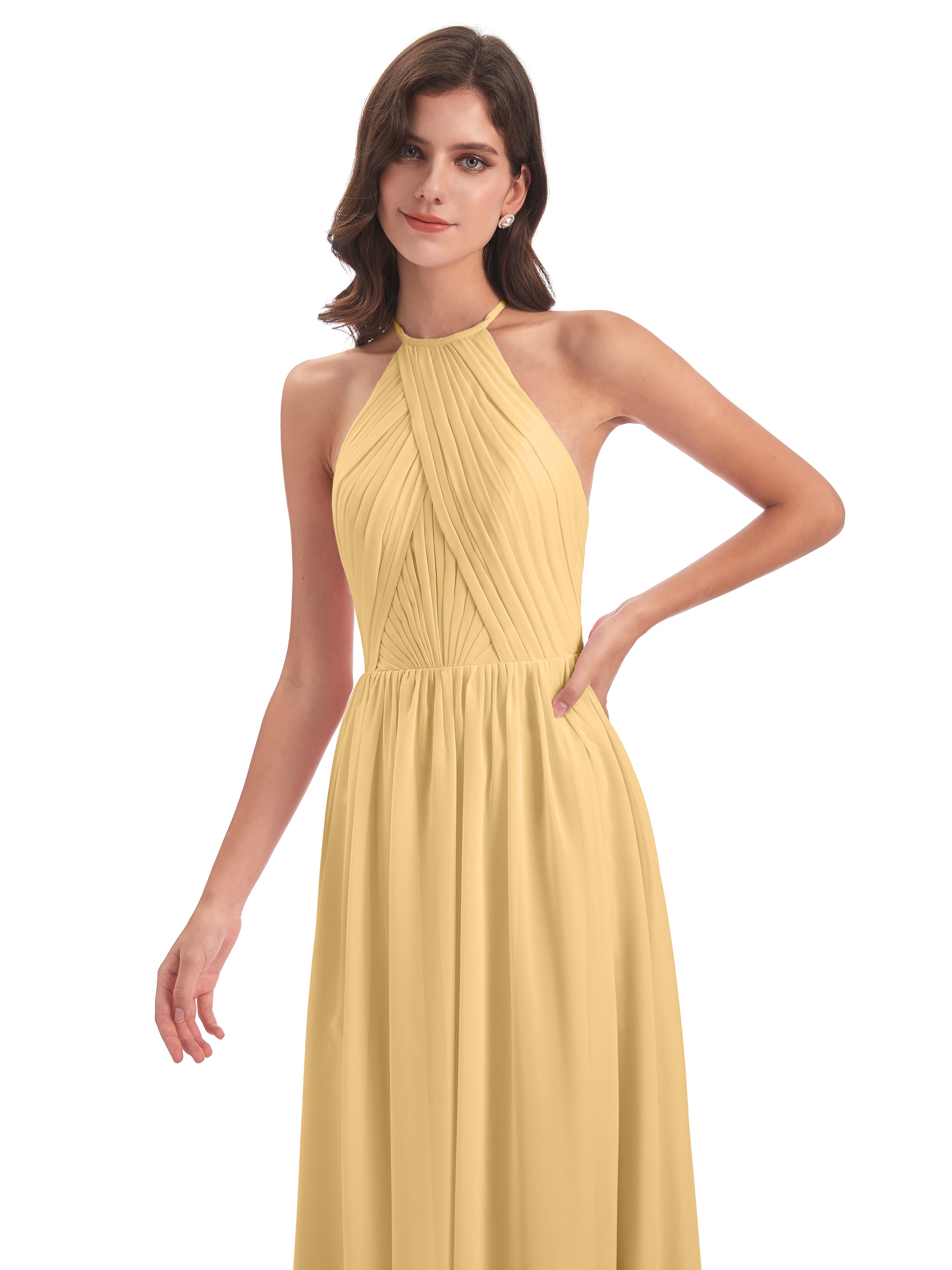 Robe Demoiselle D Honneur Couleur Or Dos Ouvert Licou Mousseline Robes Demoiselle D'Honneur