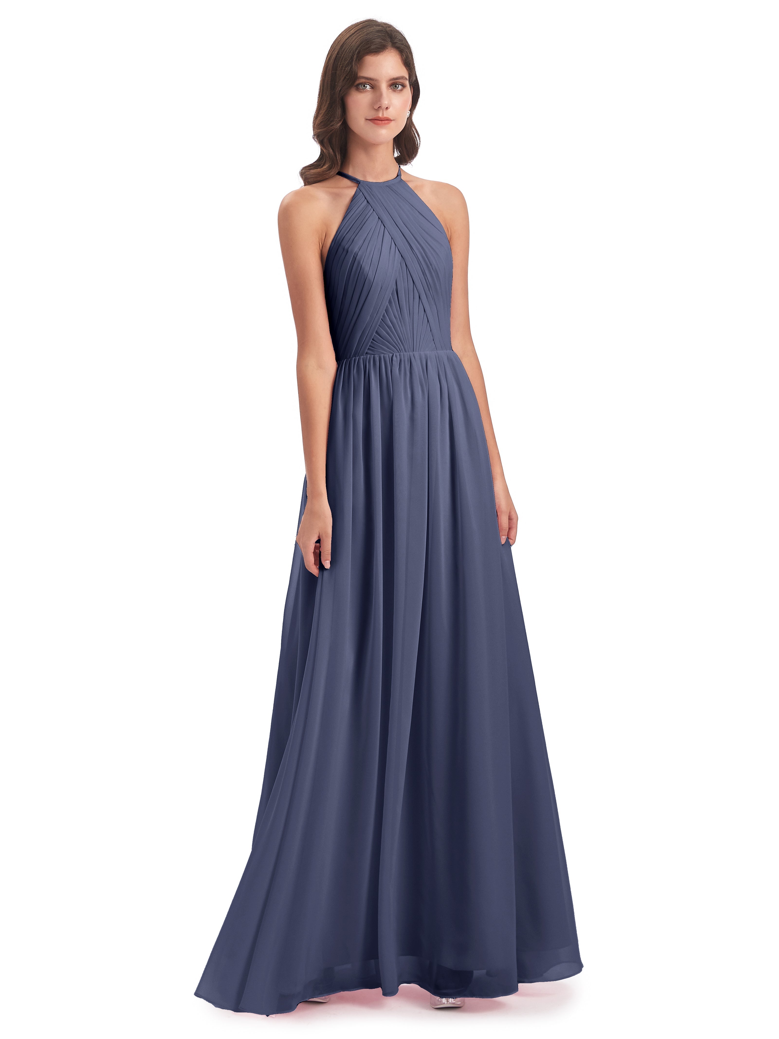 Robes De Demoiselle D'Honneur Bleu Orageux Dos Ouvert Licou Mousseline Robes Demoiselle D'Honneur