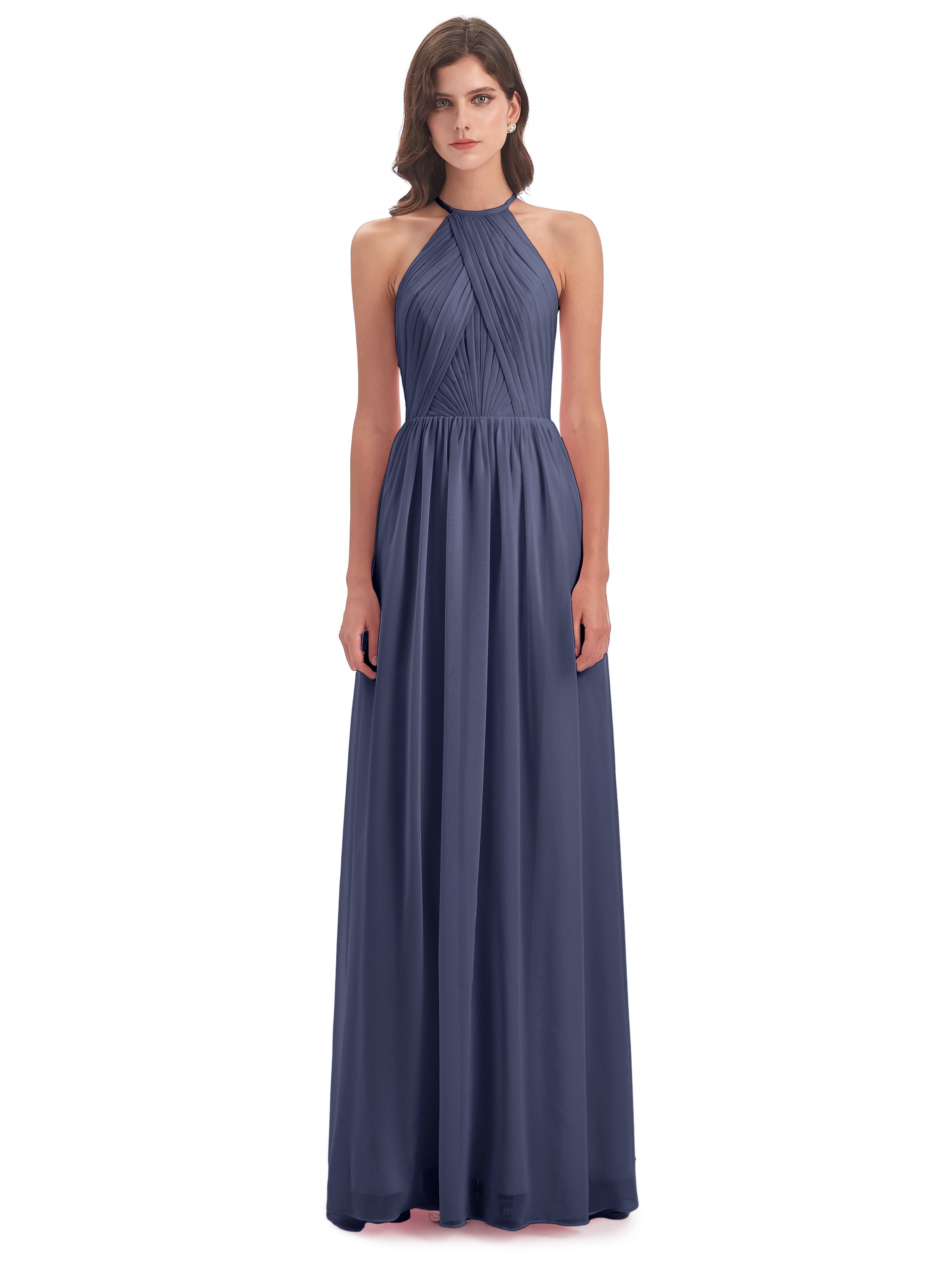 Robes De Demoiselle D'Honneur Bleu Orageux Dos Ouvert Licou Mousseline Robes Demoiselle D'Honneur