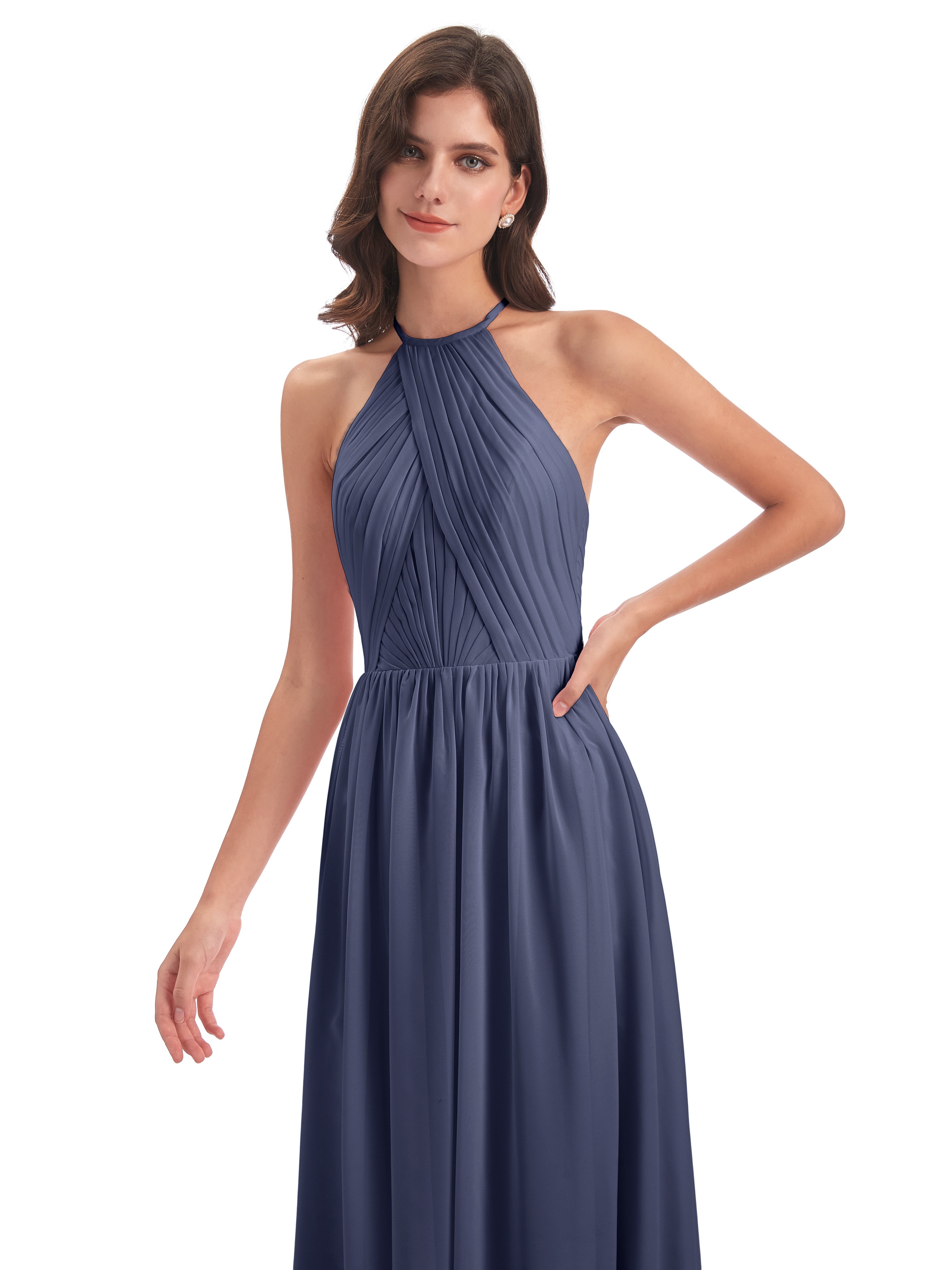 Robes De Demoiselle D'Honneur Bleu Orageux Dos Ouvert Licou Mousseline Robes Demoiselle D'Honneur
