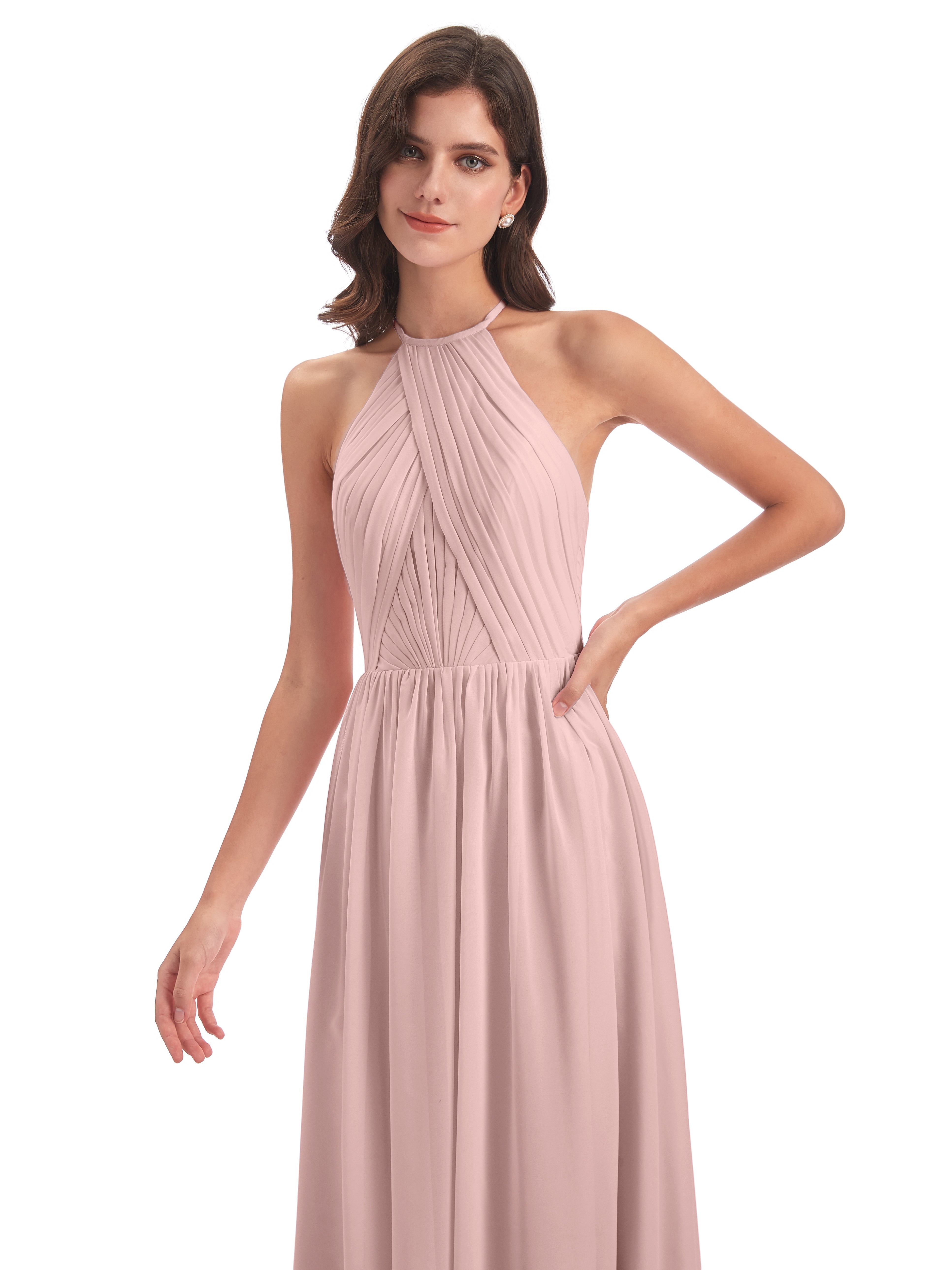 Robe Rose Poudrée Demoiselle D Honneur Dos Ouvert Licou Mousseline Robes Demoiselle D'Honneur