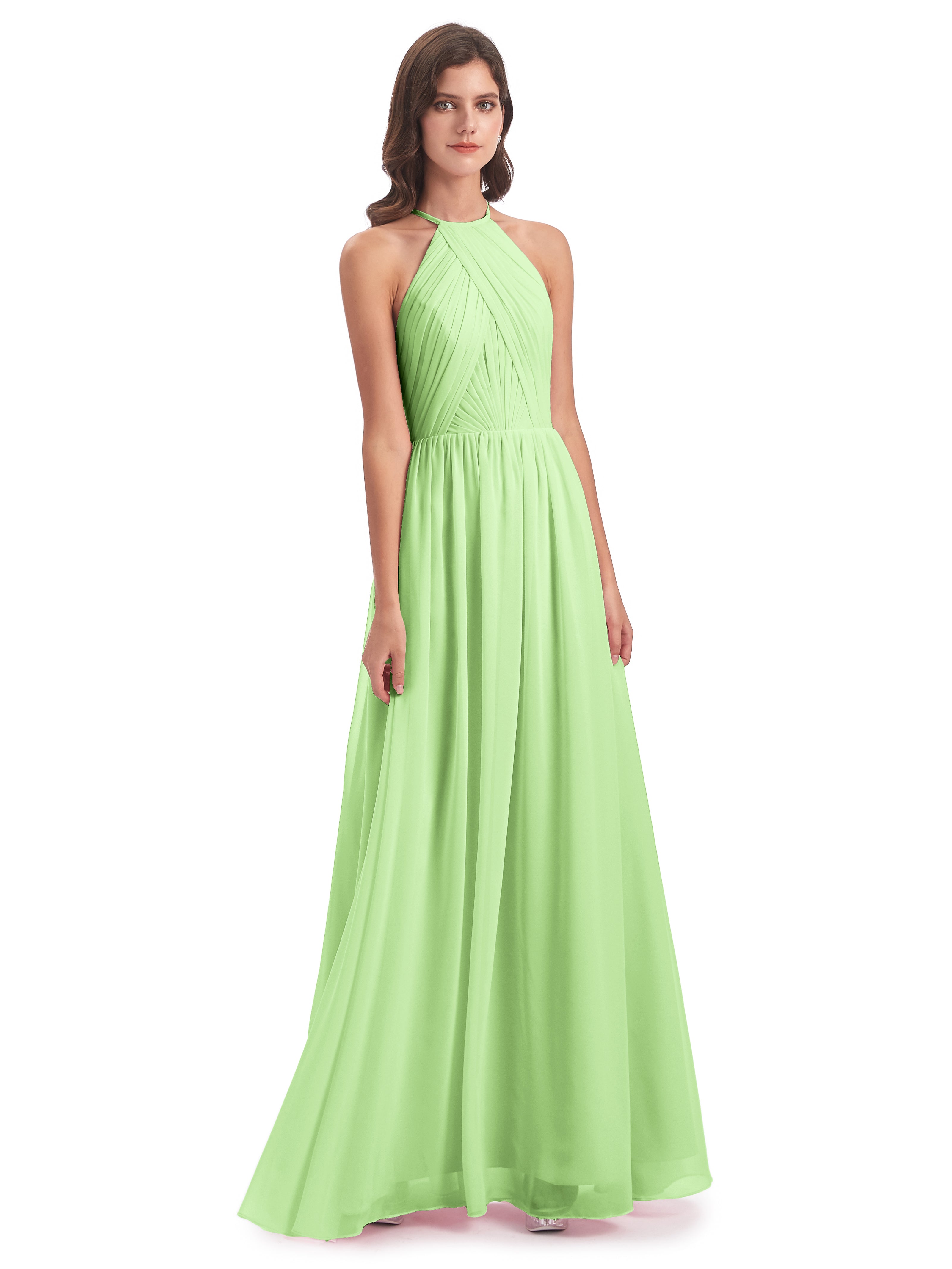 Robe Longue Demoiselle D Honneur Vert Sauge Dos Ouvert Licou Mousseline Robes Demoiselle D'Honneur
