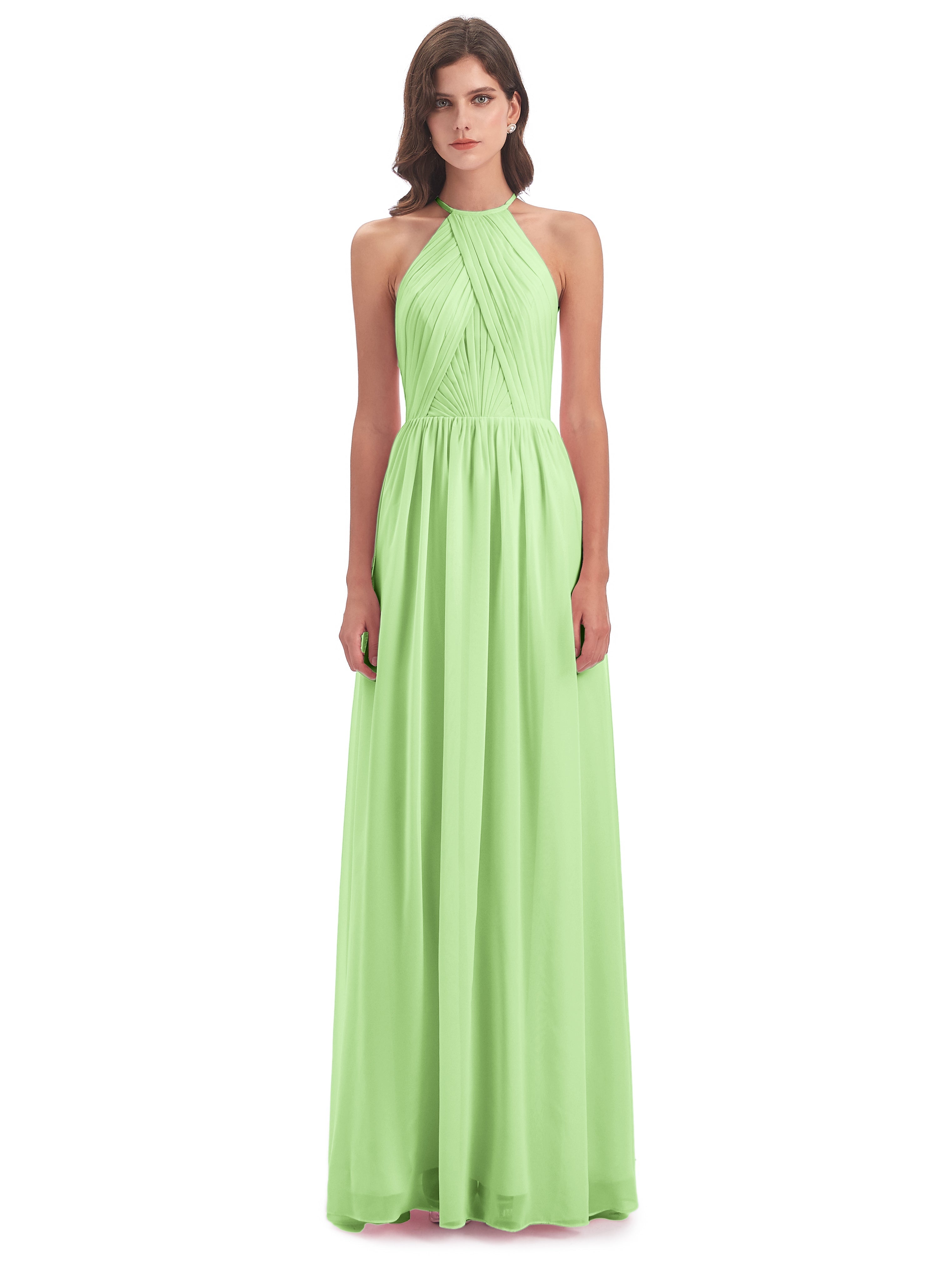 Robe Longue Demoiselle D Honneur Vert Sauge Dos Ouvert Licou Mousseline Robes Demoiselle D'Honneur