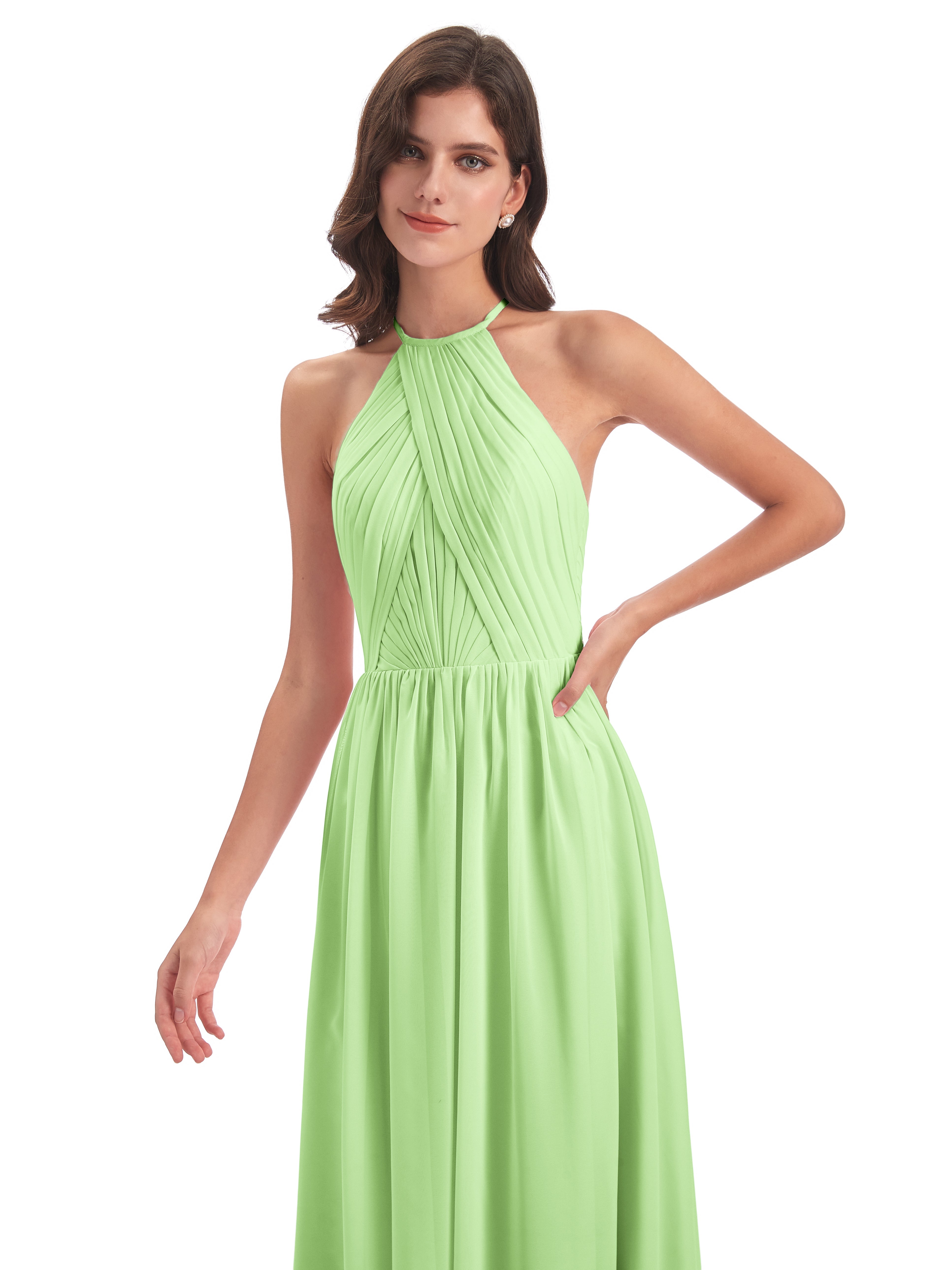 Robe Longue Demoiselle D Honneur Vert Sauge Dos Ouvert Licou Mousseline Robes Demoiselle D'Honneur
