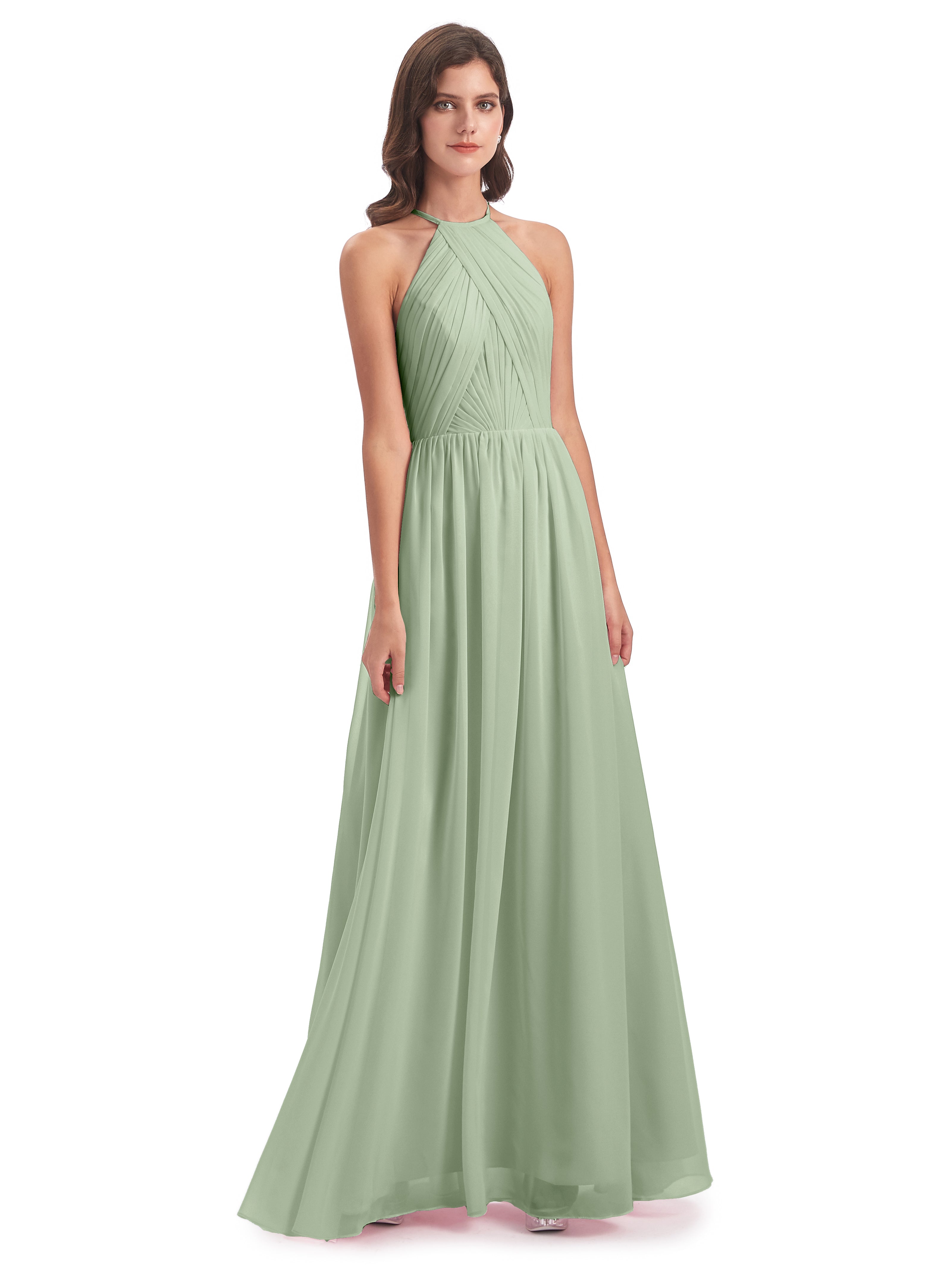Robes De Demoiselle D'Honneur Vert Sauge Poussiéreux Dos Ouvert Licou Mousseline Robes Demoiselle D'Honneur