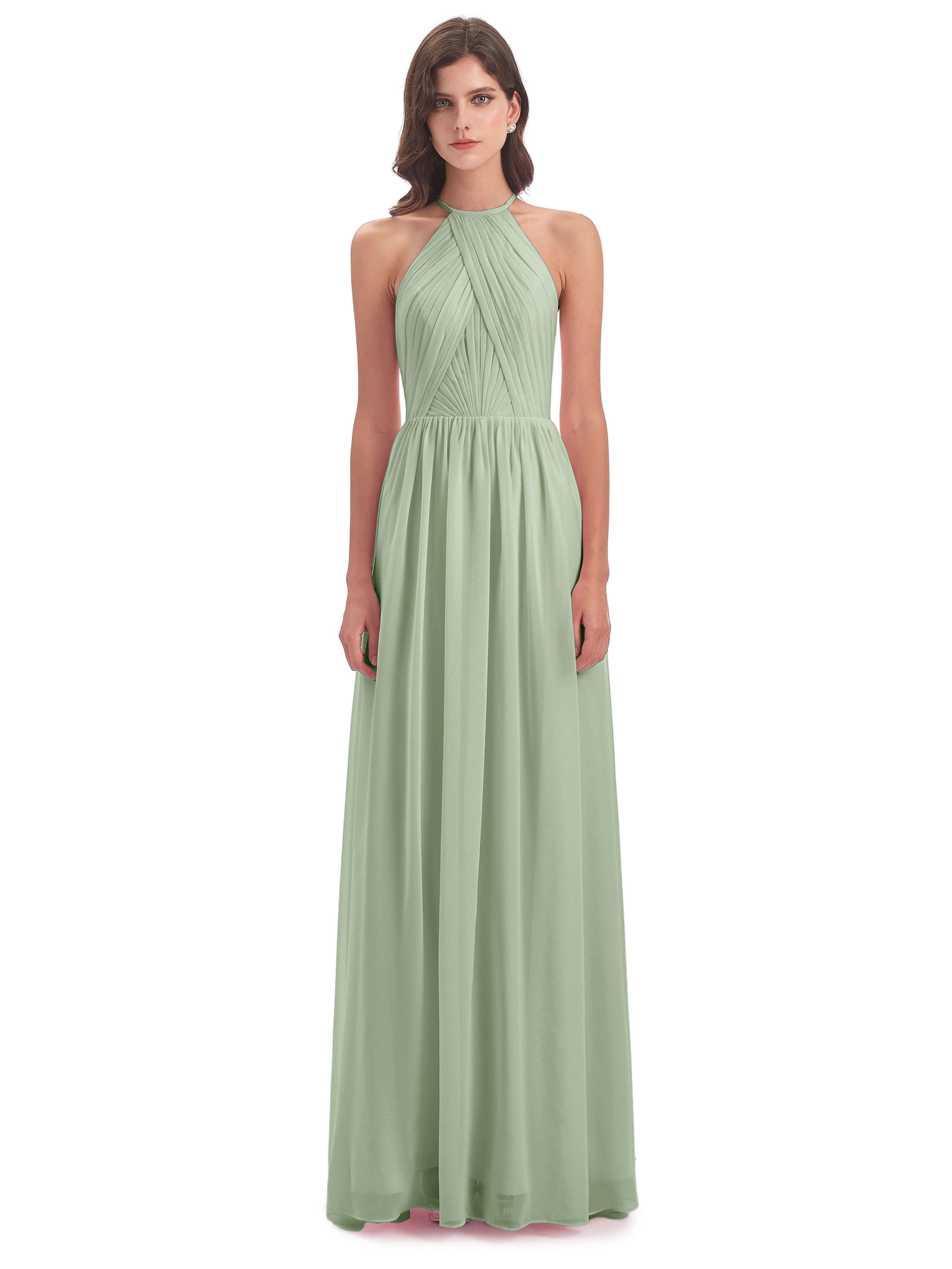 Robes De Demoiselle D'Honneur Vert Sauge Poussiéreux Dos Ouvert Licou Mousseline Robes Demoiselle D'Honneur