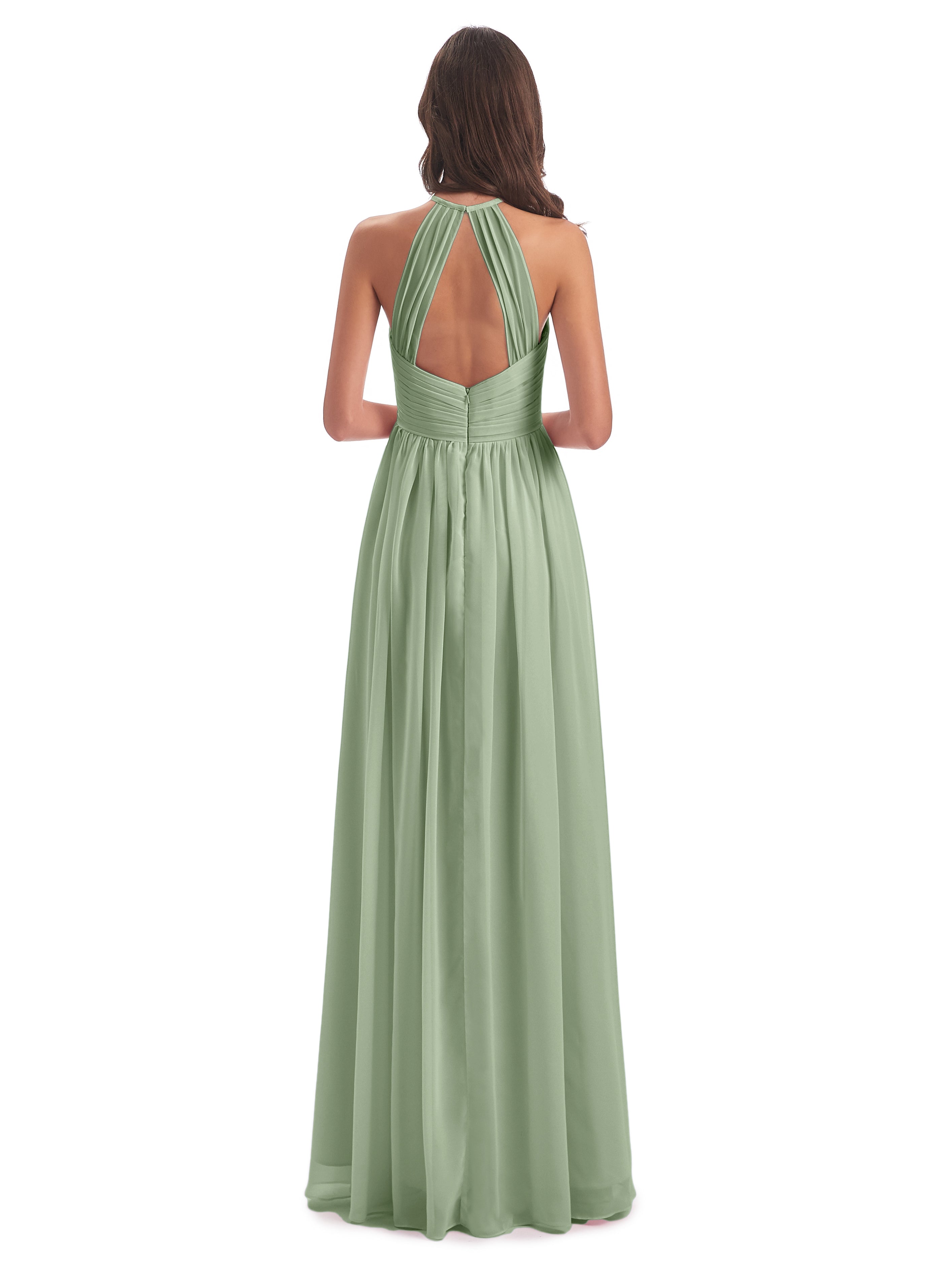 Robes De Demoiselle D'Honneur Vert Sauge Poussiéreux Dos Ouvert Licou Mousseline Robes Demoiselle D'Honneur