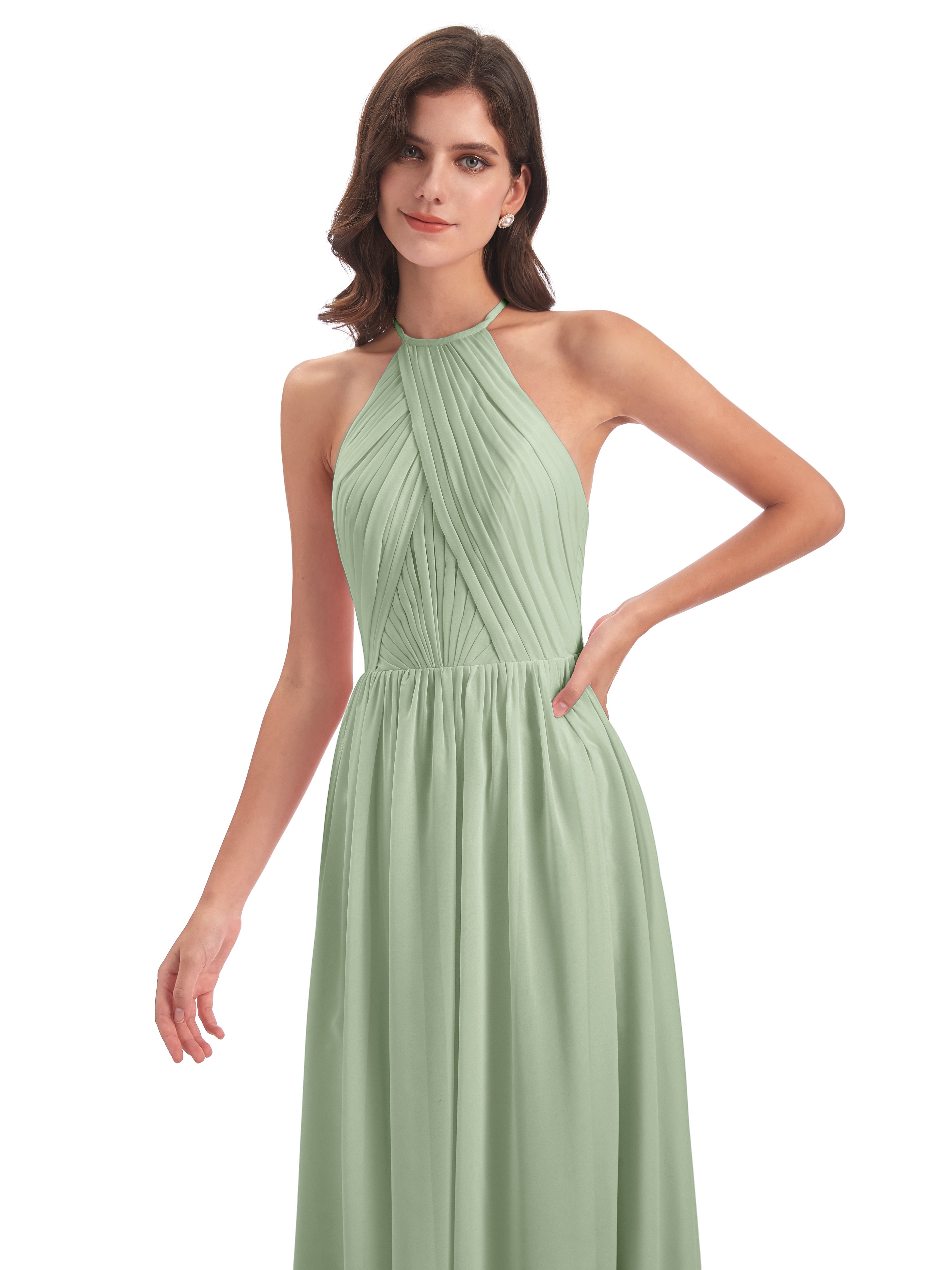 Robes De Demoiselle D'Honneur Vert Sauge Poussiéreux Dos Ouvert Licou Mousseline Robes Demoiselle D'Honneur