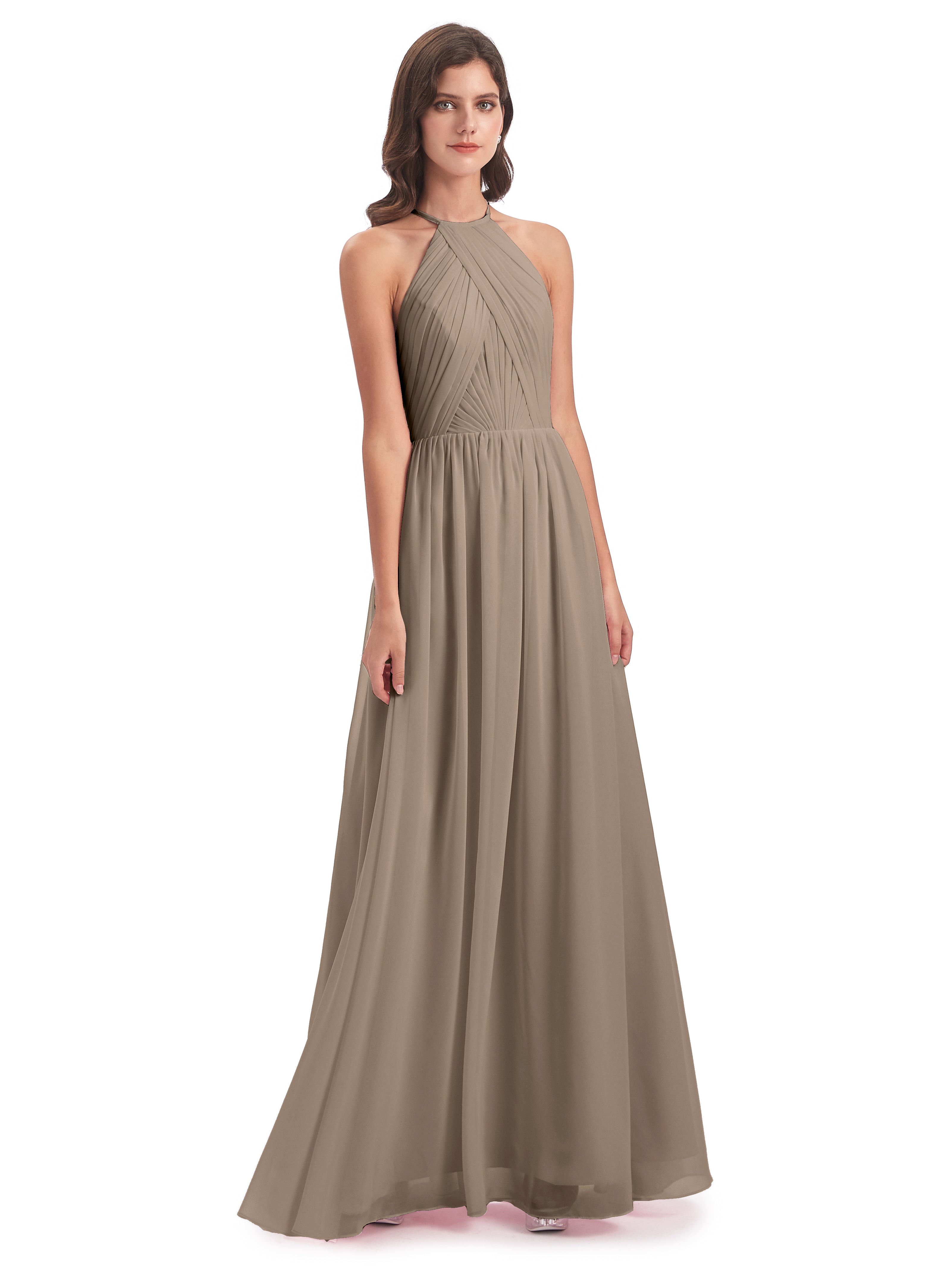 Robe Demoiselle D Honneur Taupe Dos Ouvert Licou Mousseline Robes Demoiselle D'Honneur