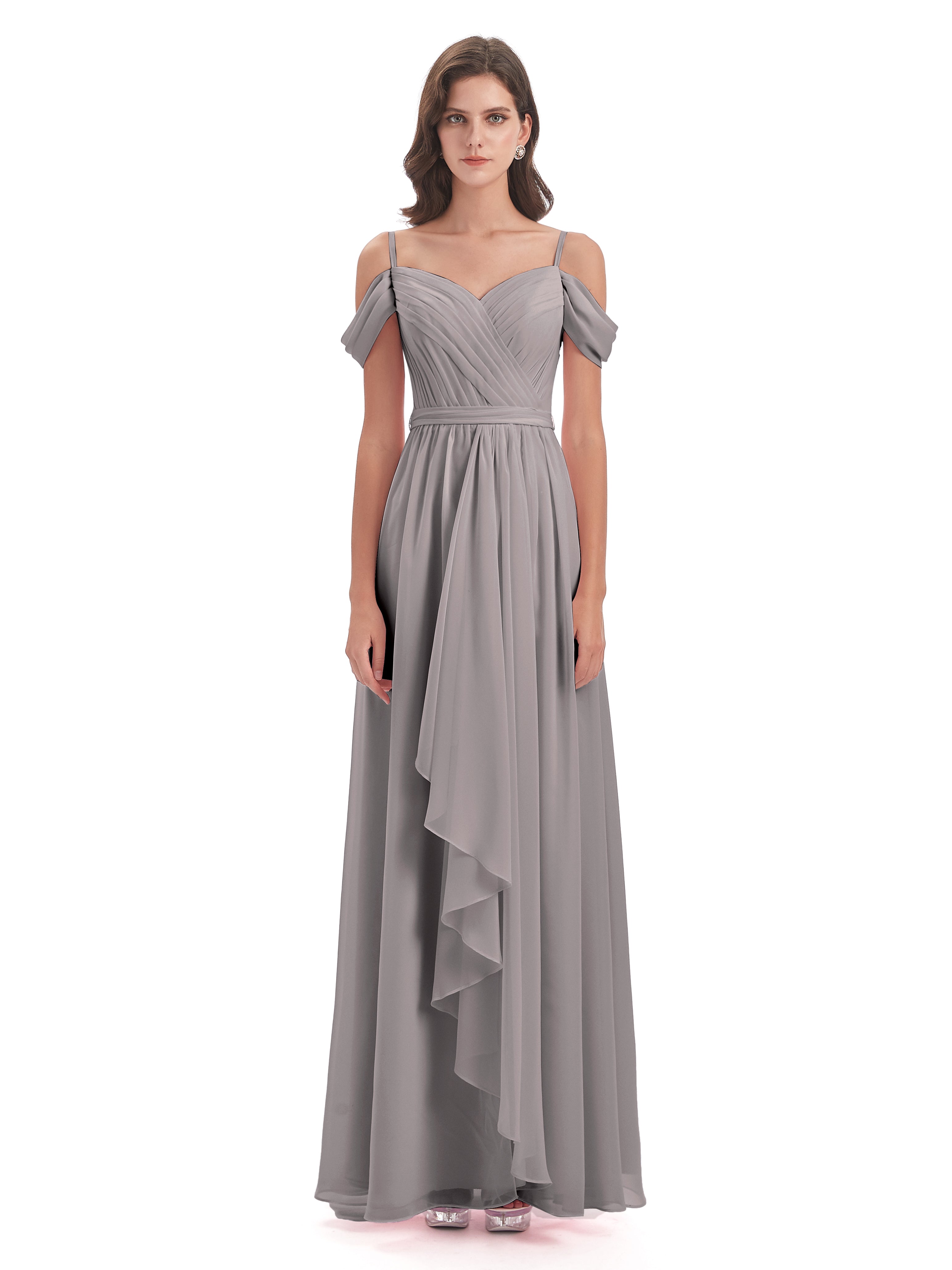 Robes De Demoiselle D'Honneur En Argent Bretelles Spaghetti Fendue Plis Robes Demoiselle D'Honneur