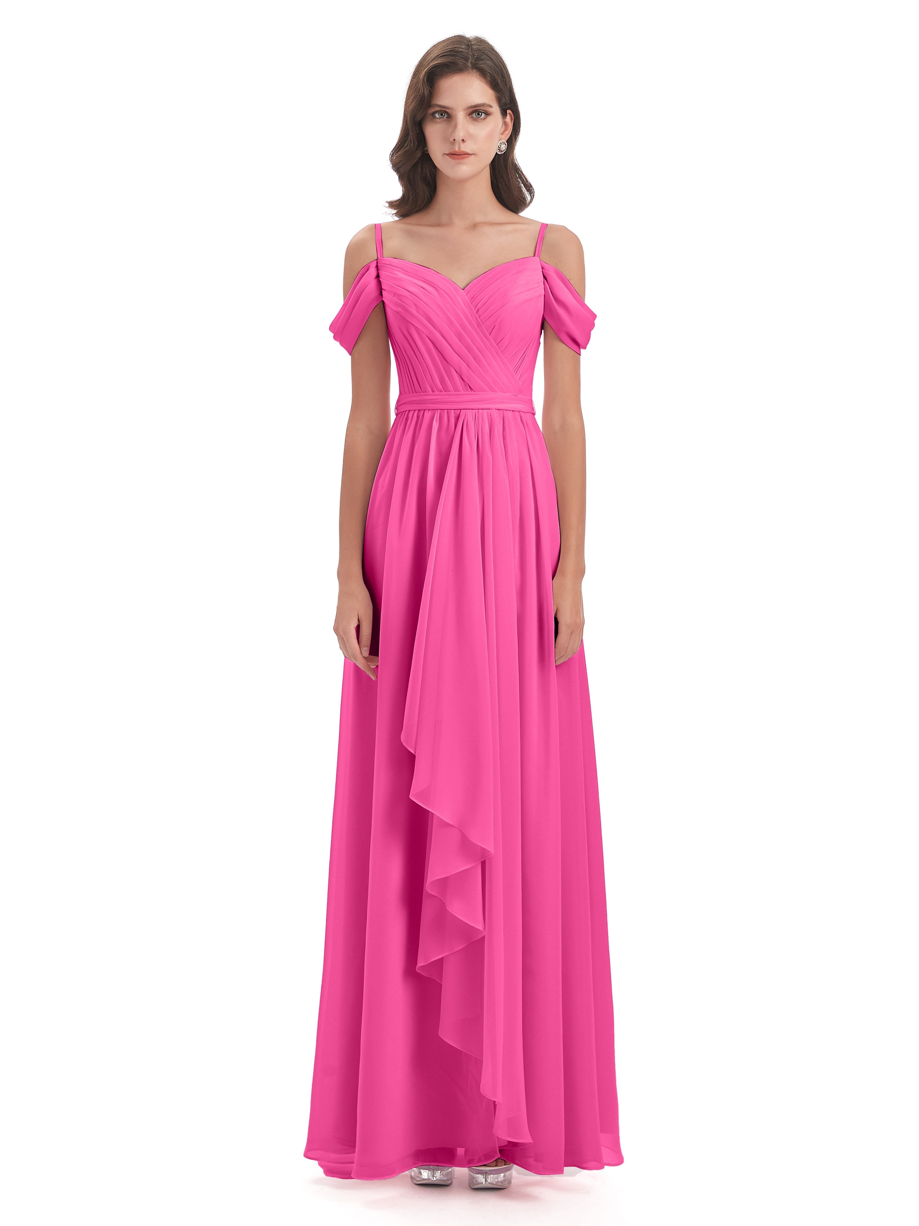 Robe Demoiselle D Honneur En Azalée Bretelles Spaghetti Fendue Plis Robes Demoiselle D'Honneur