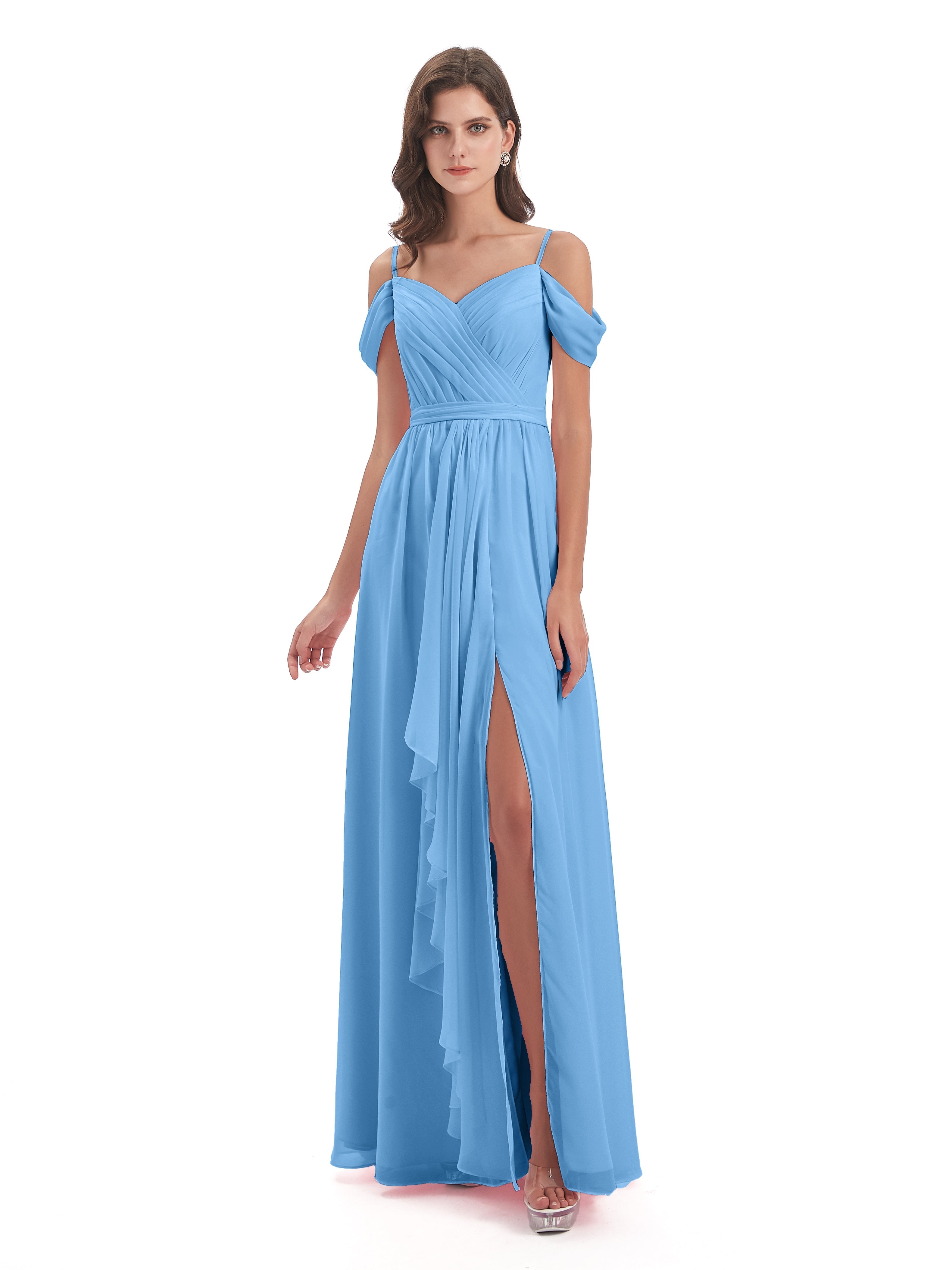Robes De Demoiselle D'Honneur Bleues Longues Bretelles Spaghetti Fendue Plis Robes Demoiselle D'Honneur