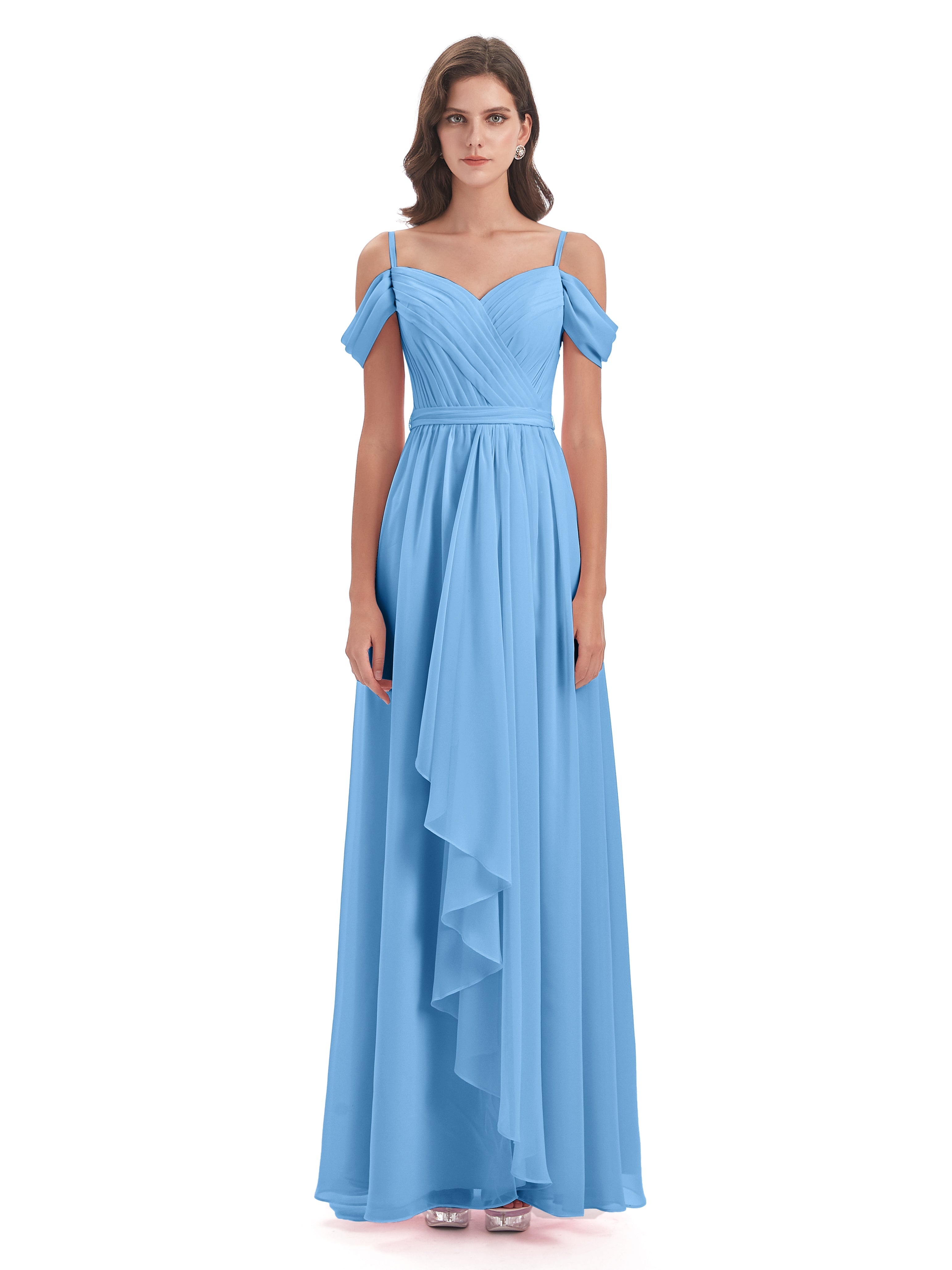 Robes De Demoiselle D'Honneur Bleues Longues Bretelles Spaghetti Fendue Plis Robes Demoiselle D'Honneur