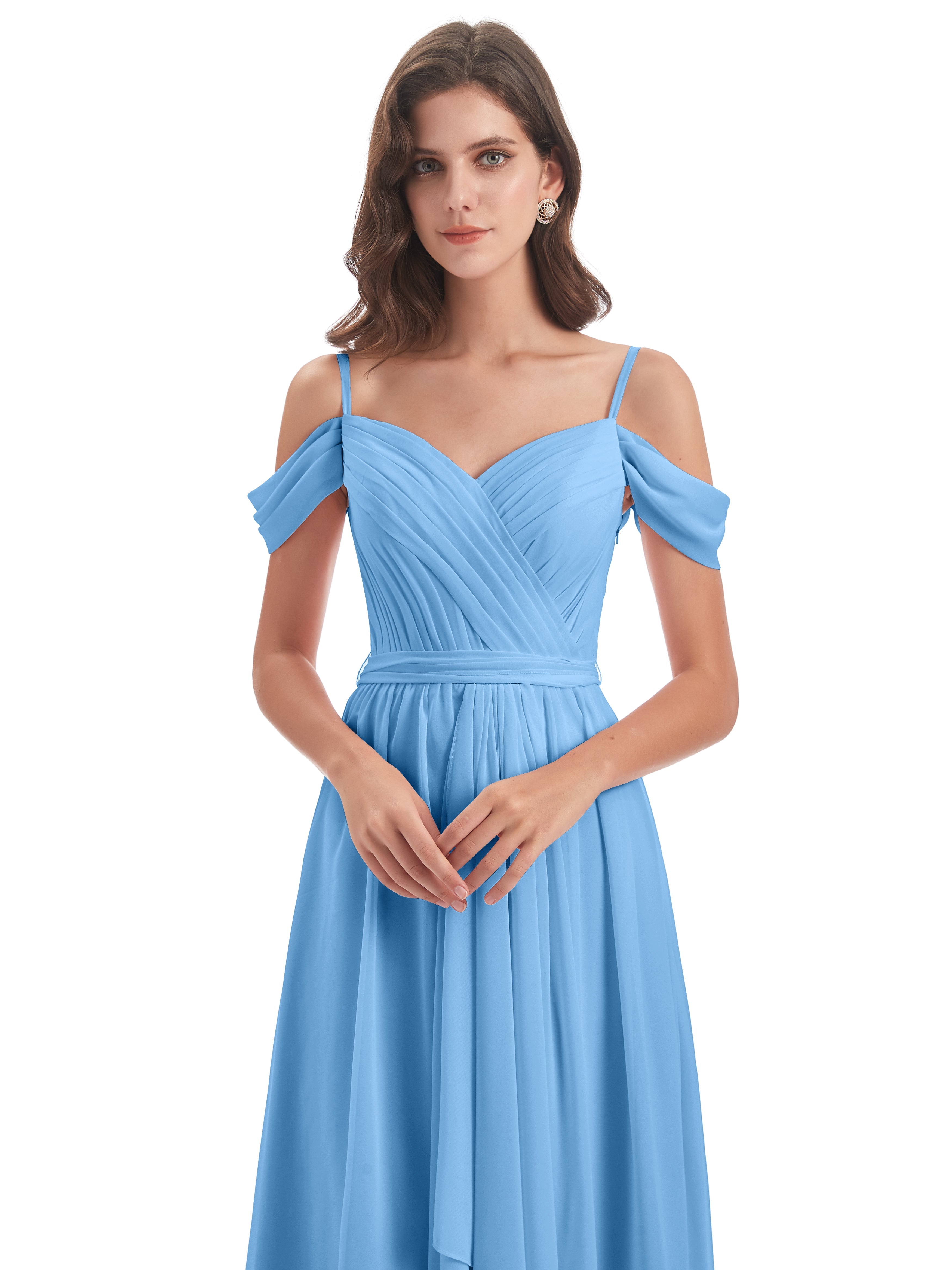 Robes De Demoiselle D'Honneur Bleues Longues Bretelles Spaghetti Fendue Plis Robes Demoiselle D'Honneur