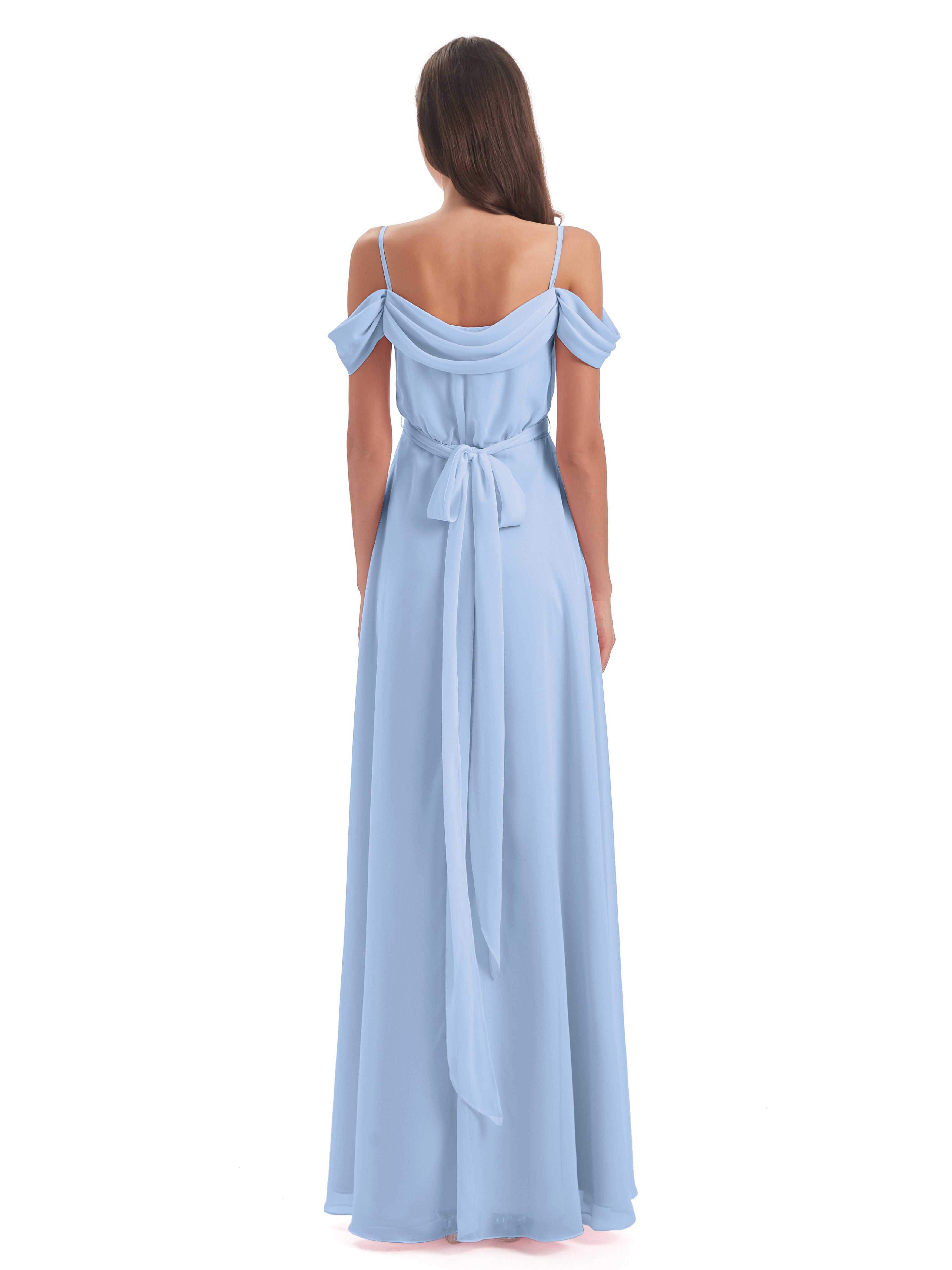 Robe Demoiselle D Honneur Bleue Ciel Bretelles Spaghetti Fendue Plis Robes Demoiselle D'Honneur