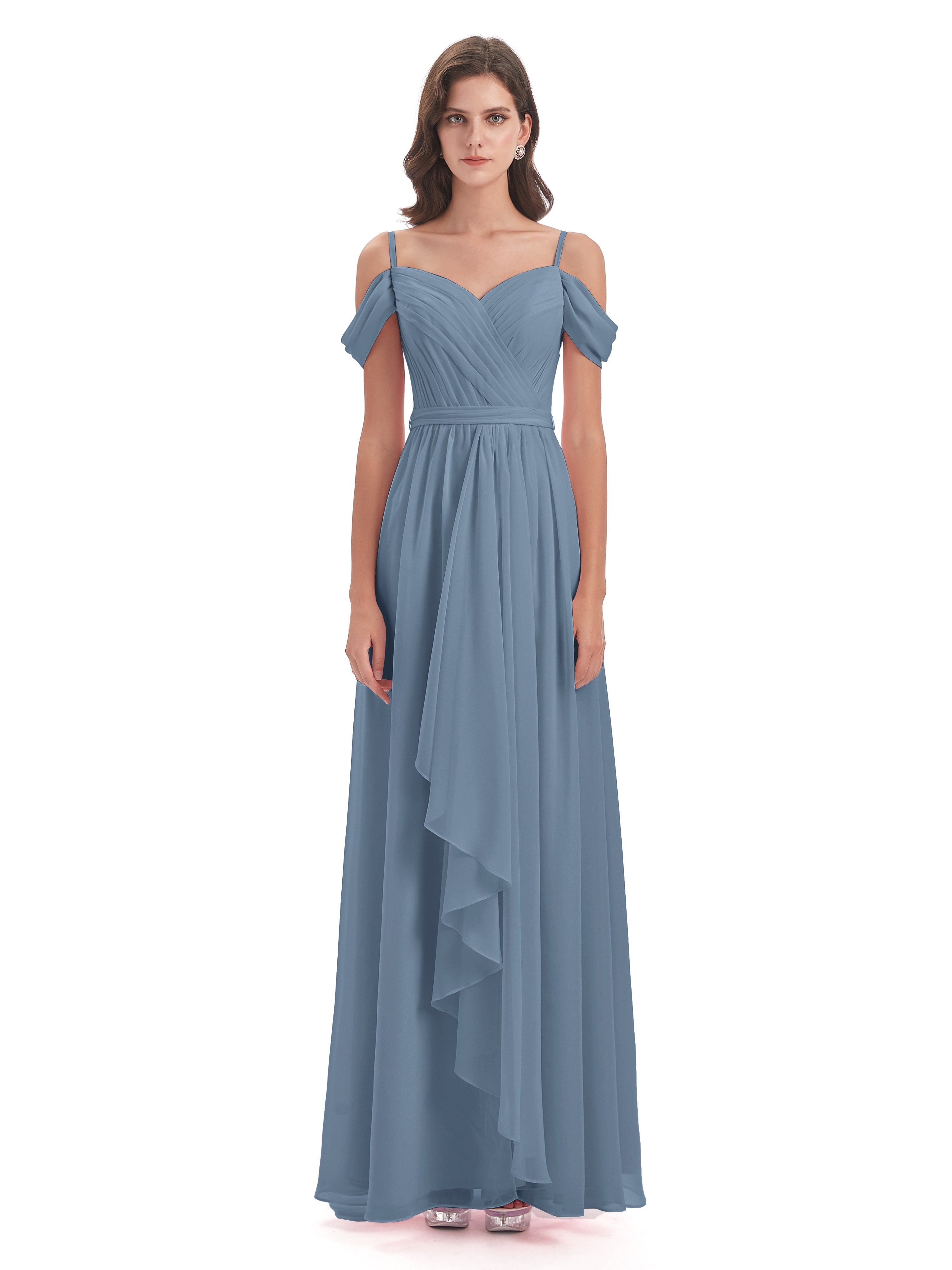 Robes De Demoiselle D'Honneur Bleu De Schiste Bretelles Spaghetti Fendue Plis Robes Demoiselle D'Honneur