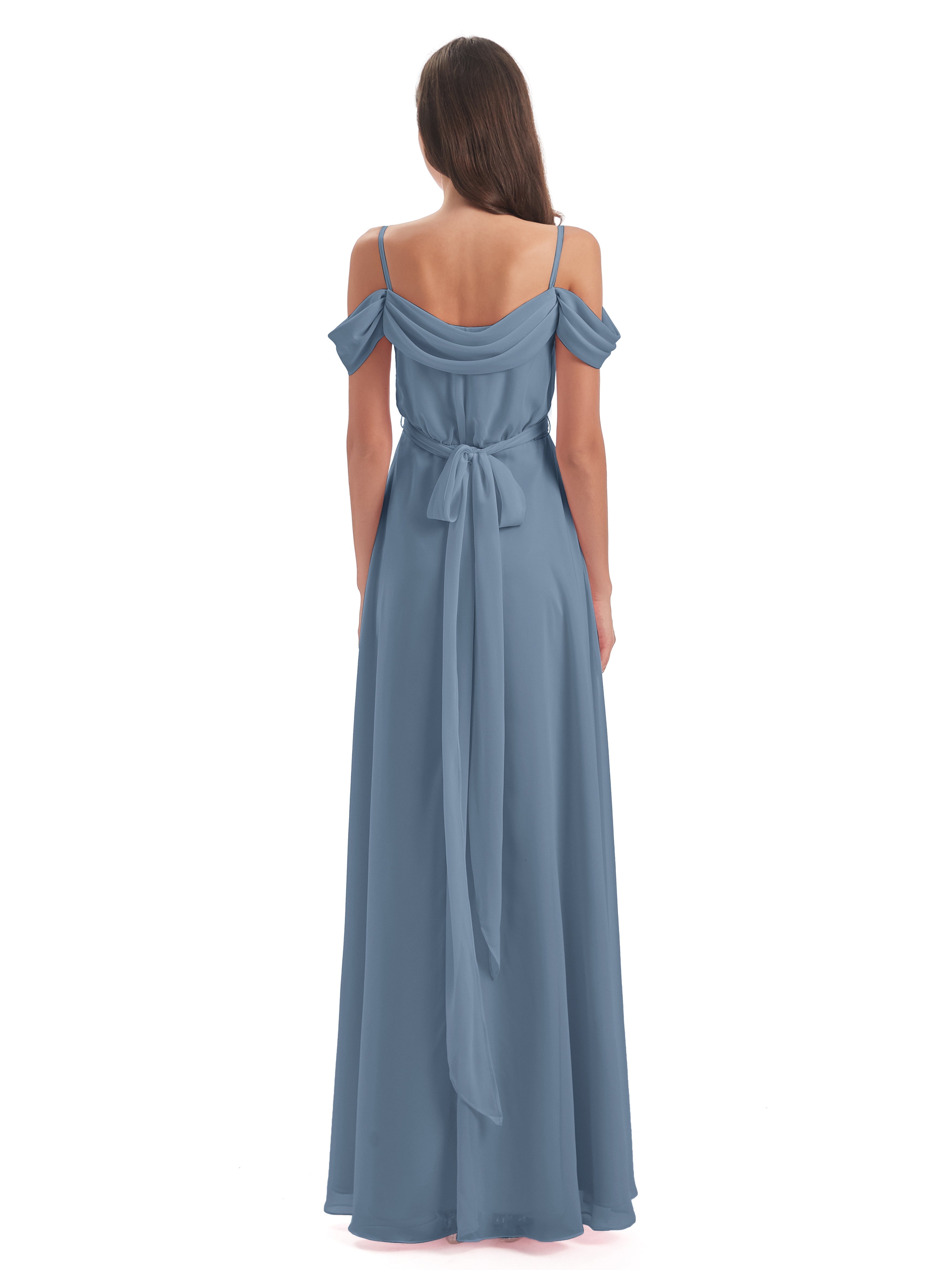 Robes De Demoiselle D'Honneur Bleu De Schiste Bretelles Spaghetti Fendue Plis Robes Demoiselle D'Honneur