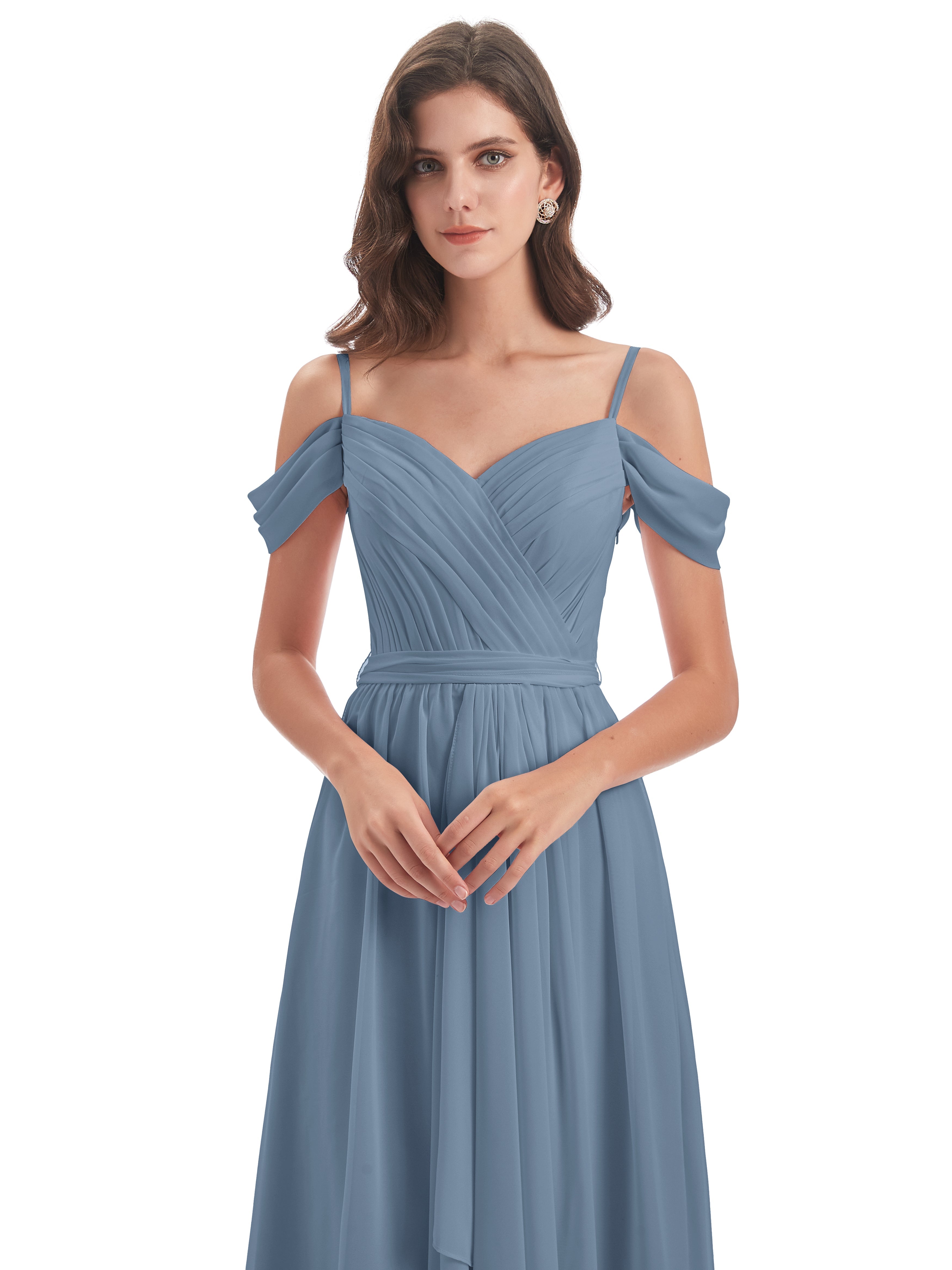 Robes De Demoiselle D'Honneur Bleu De Schiste Bretelles Spaghetti Fendue Plis Robes Demoiselle D'Honneur