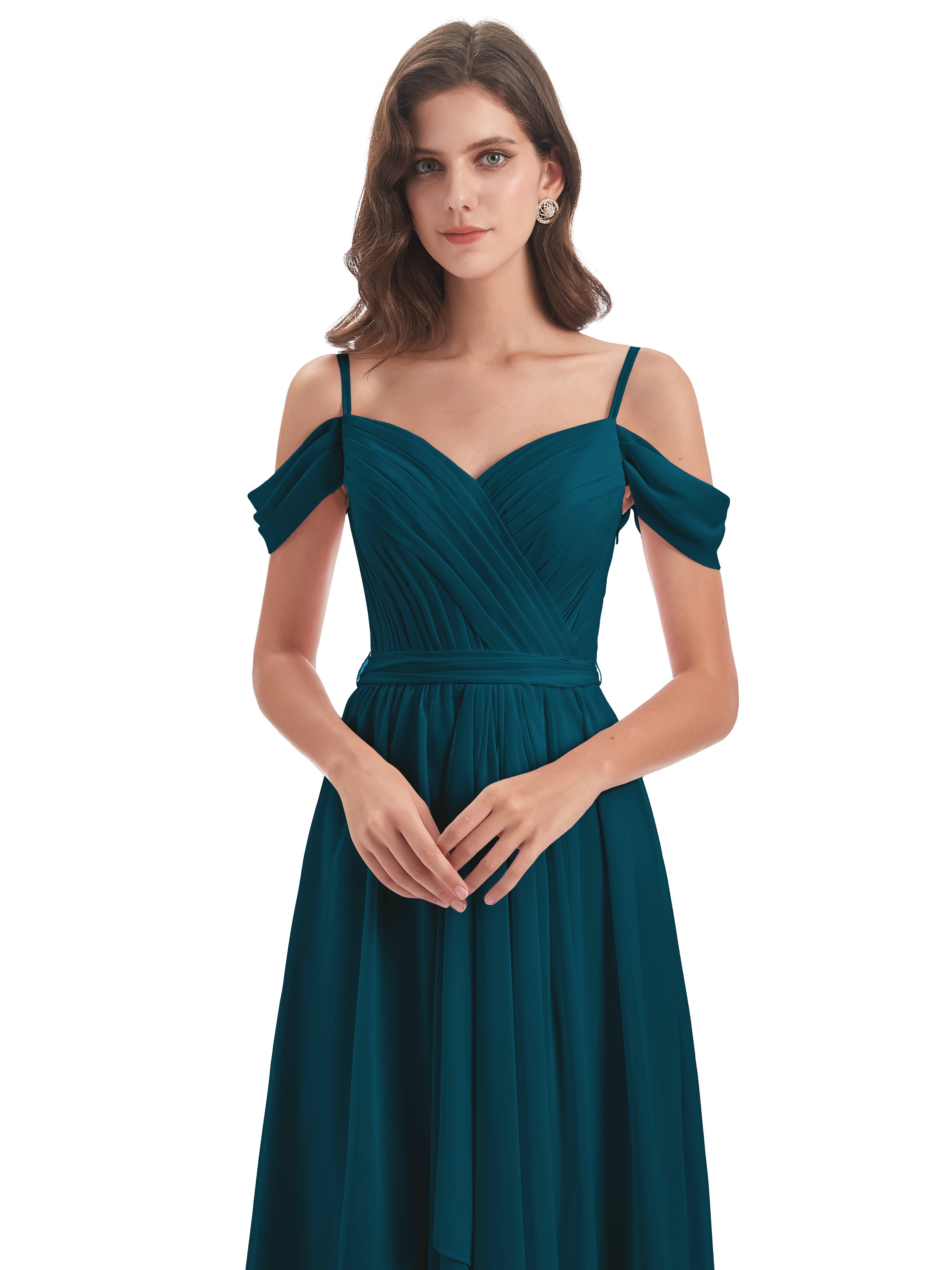 Robes De Demoiselle D'Honneur Bleu Encre Bretelles Spaghetti Fendue Plis Robes Demoiselle D'Honneur