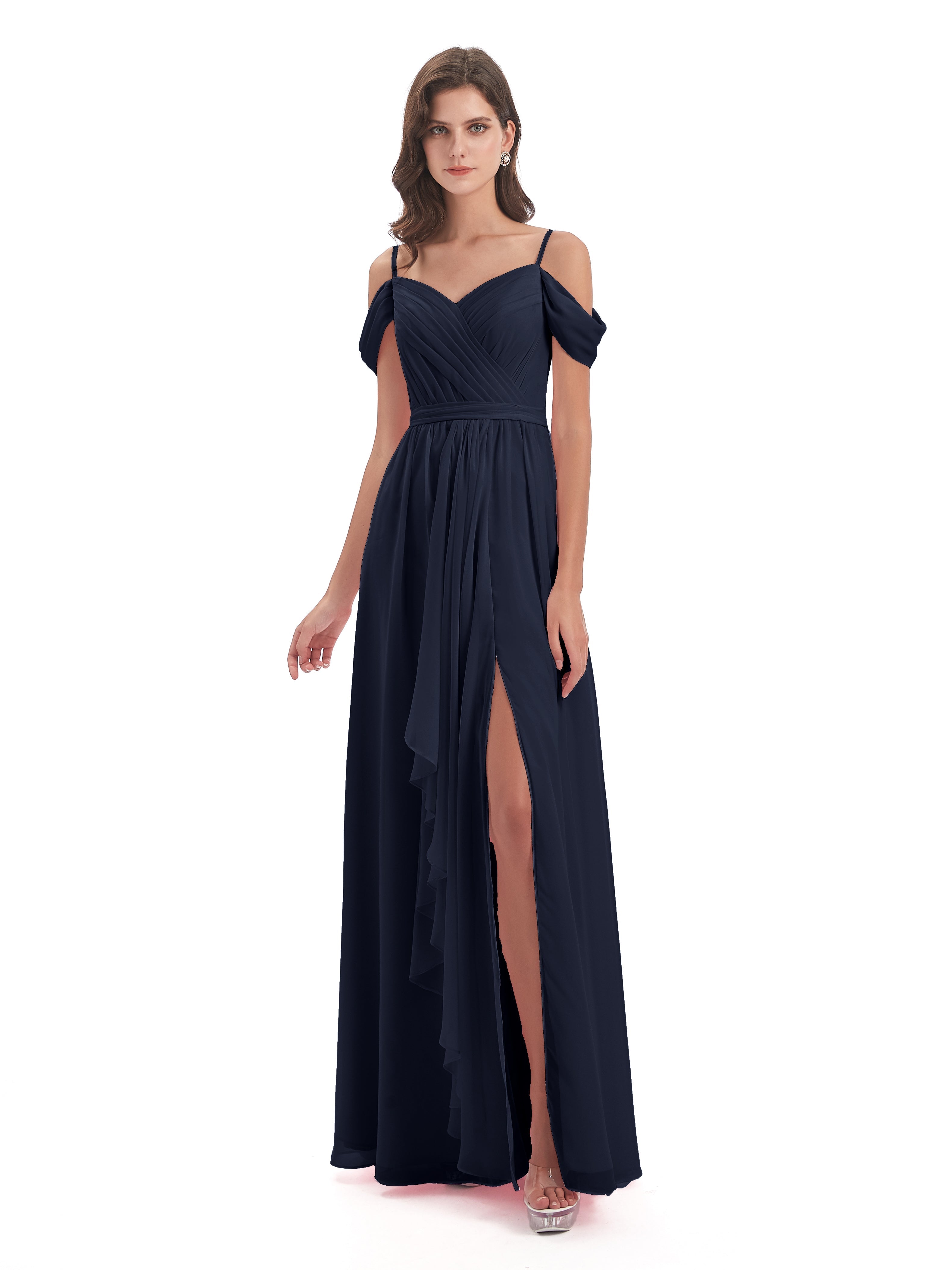 Longues Robes De Demoiselle D'Honneur Bleu Marine Bretelles Spaghetti Fendue Plis Robes Demoiselle D'Honneur