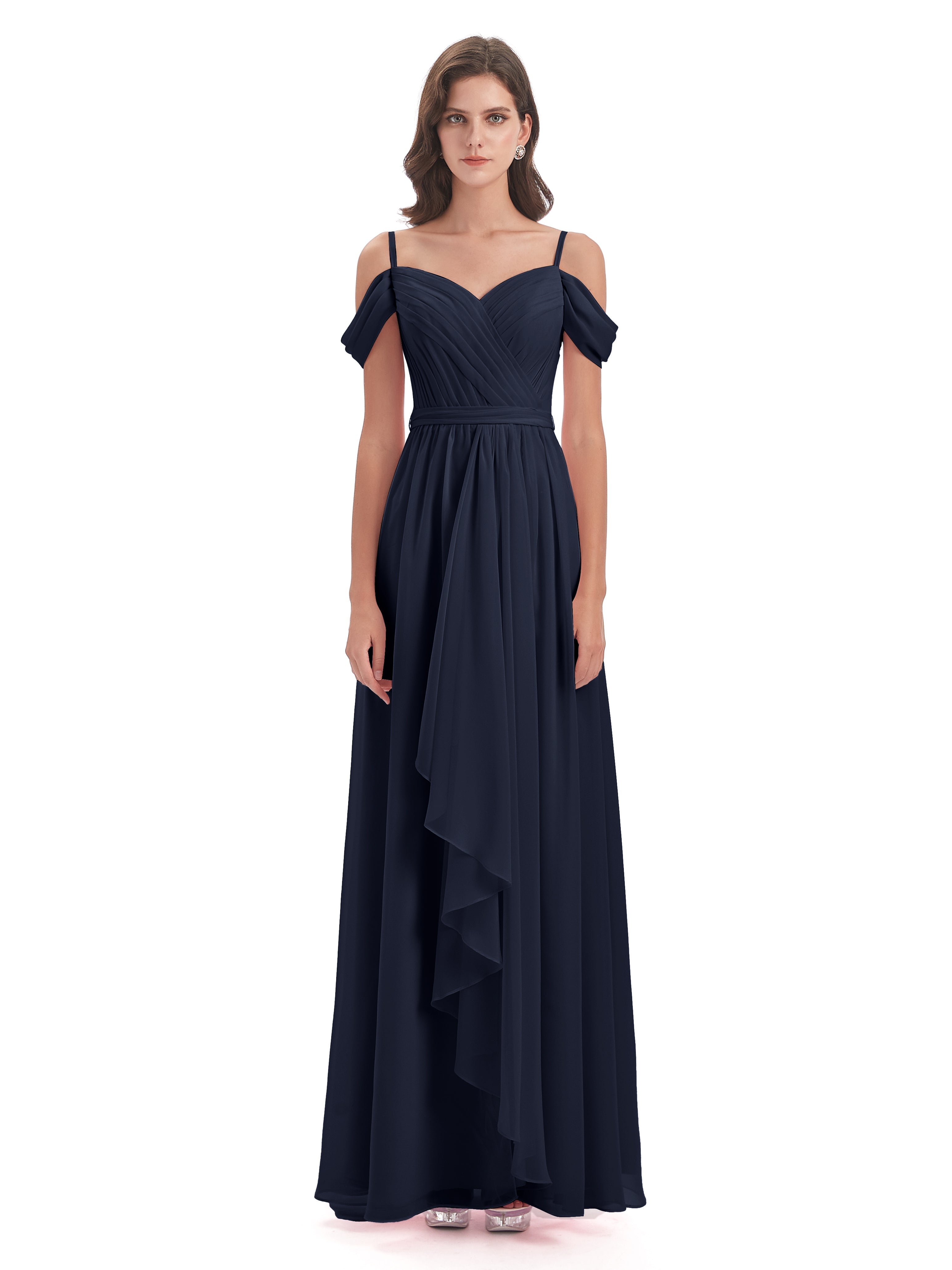 Longues Robes De Demoiselle D'Honneur Bleu Marine Bretelles Spaghetti Fendue Plis Robes Demoiselle D'Honneur