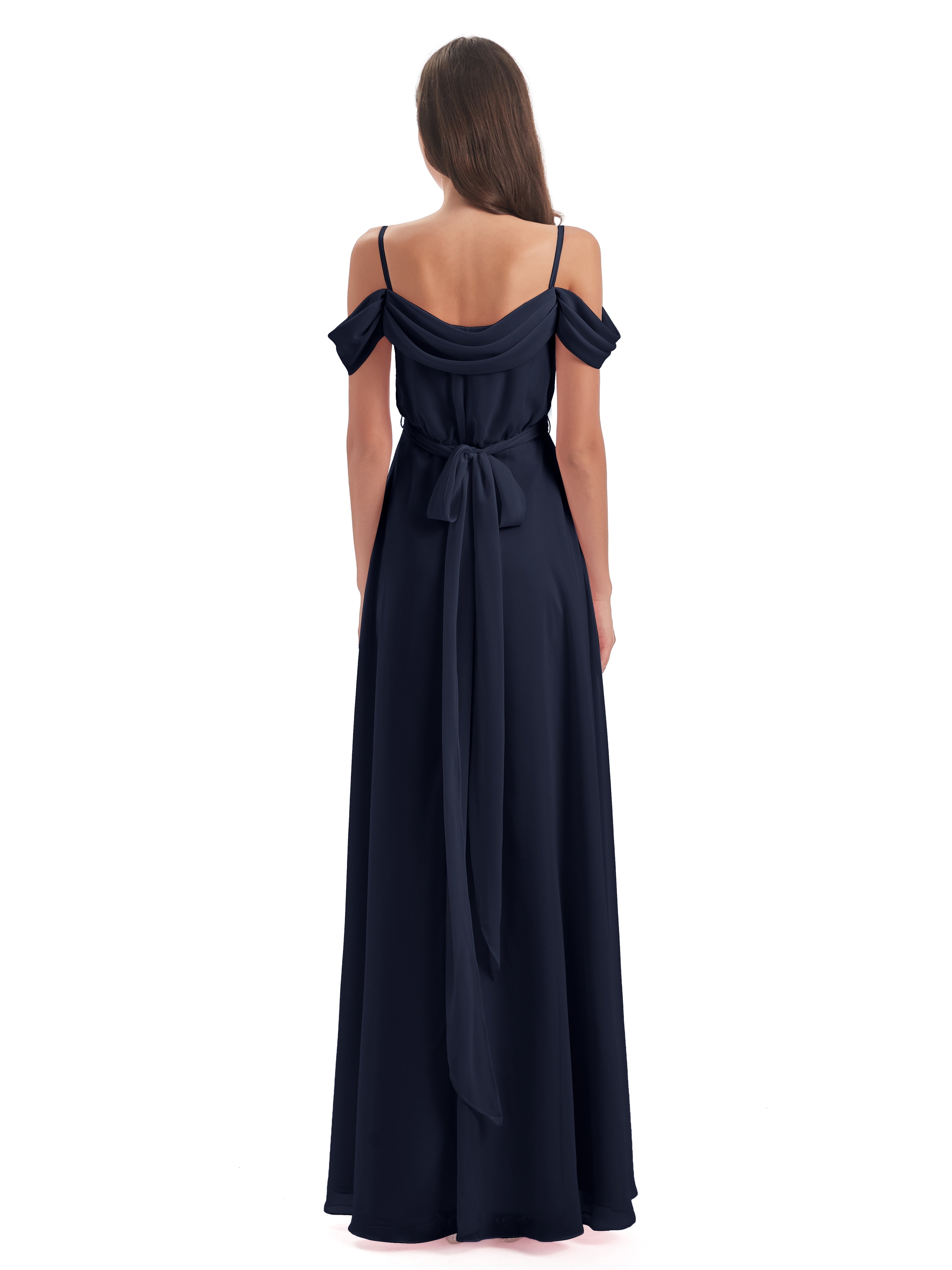 Longues Robes De Demoiselle D'Honneur Bleu Marine Bretelles Spaghetti Fendue Plis Robes Demoiselle D'Honneur