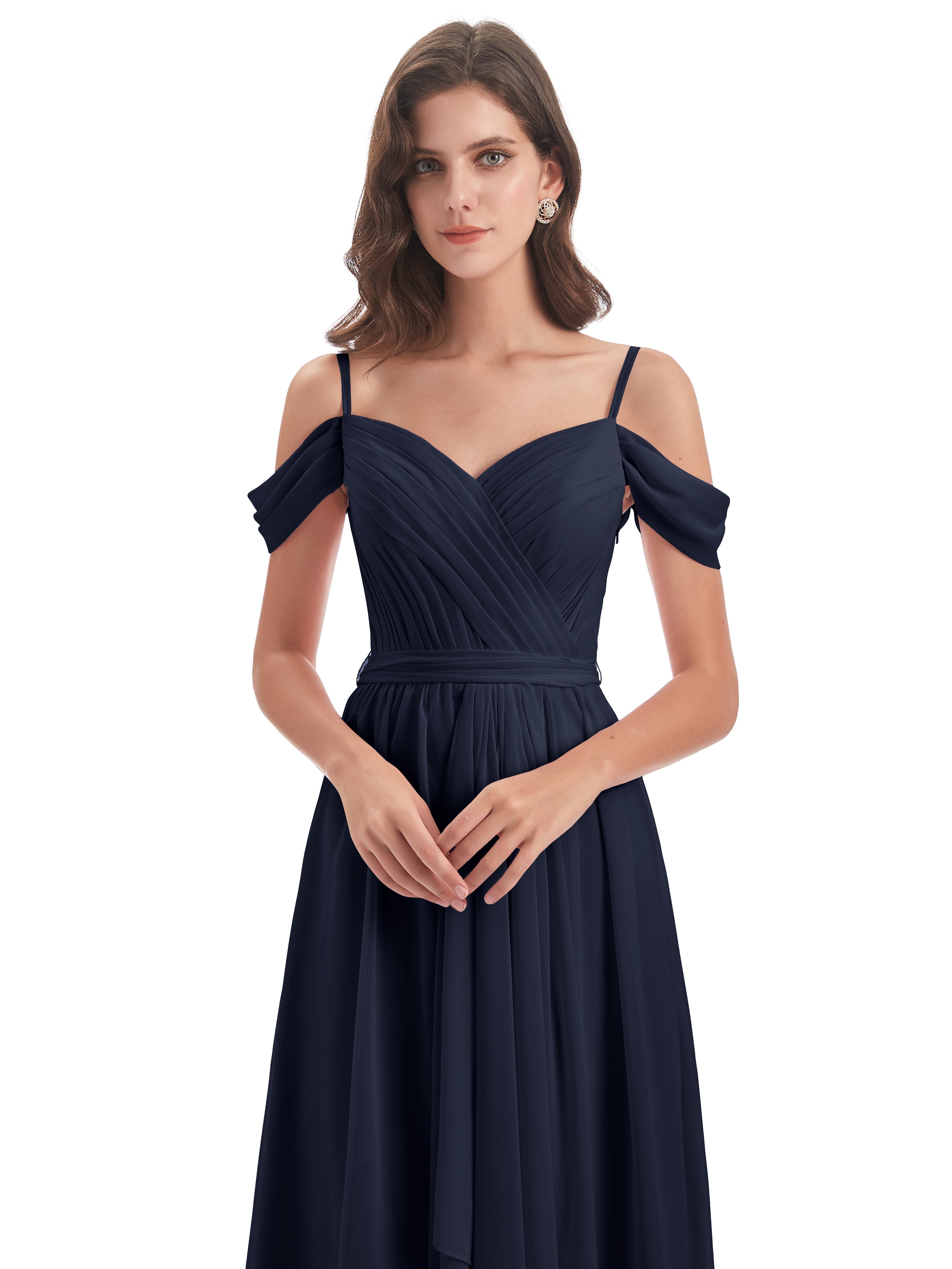 Longues Robes De Demoiselle D'Honneur Bleu Marine Bretelles Spaghetti Fendue Plis Robes Demoiselle D'Honneur