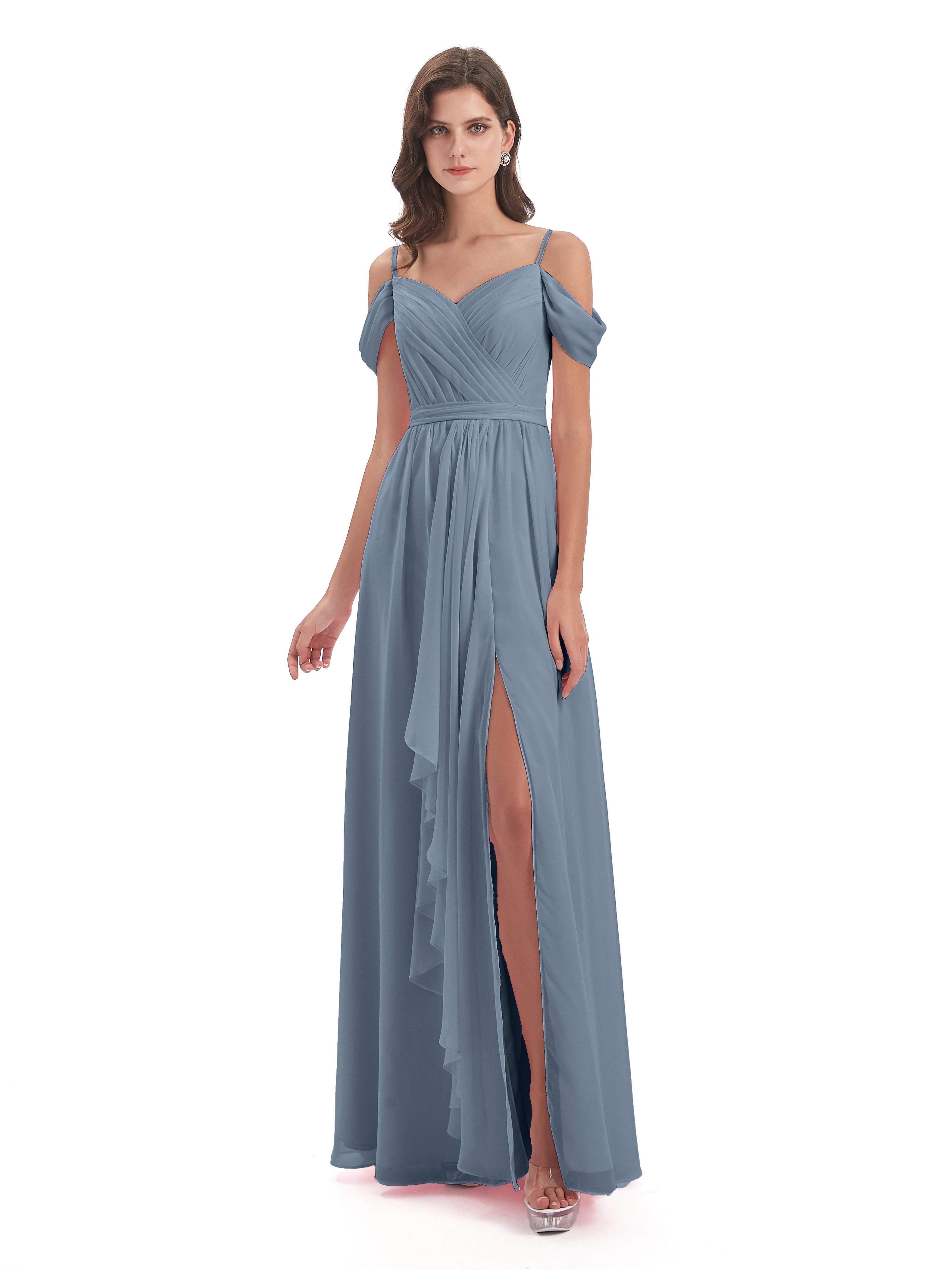 Robes De Demoiselle D'Honneur Bleu Gris Bretelles Spaghetti Fendue Plis Robes Demoiselle D'Honneur