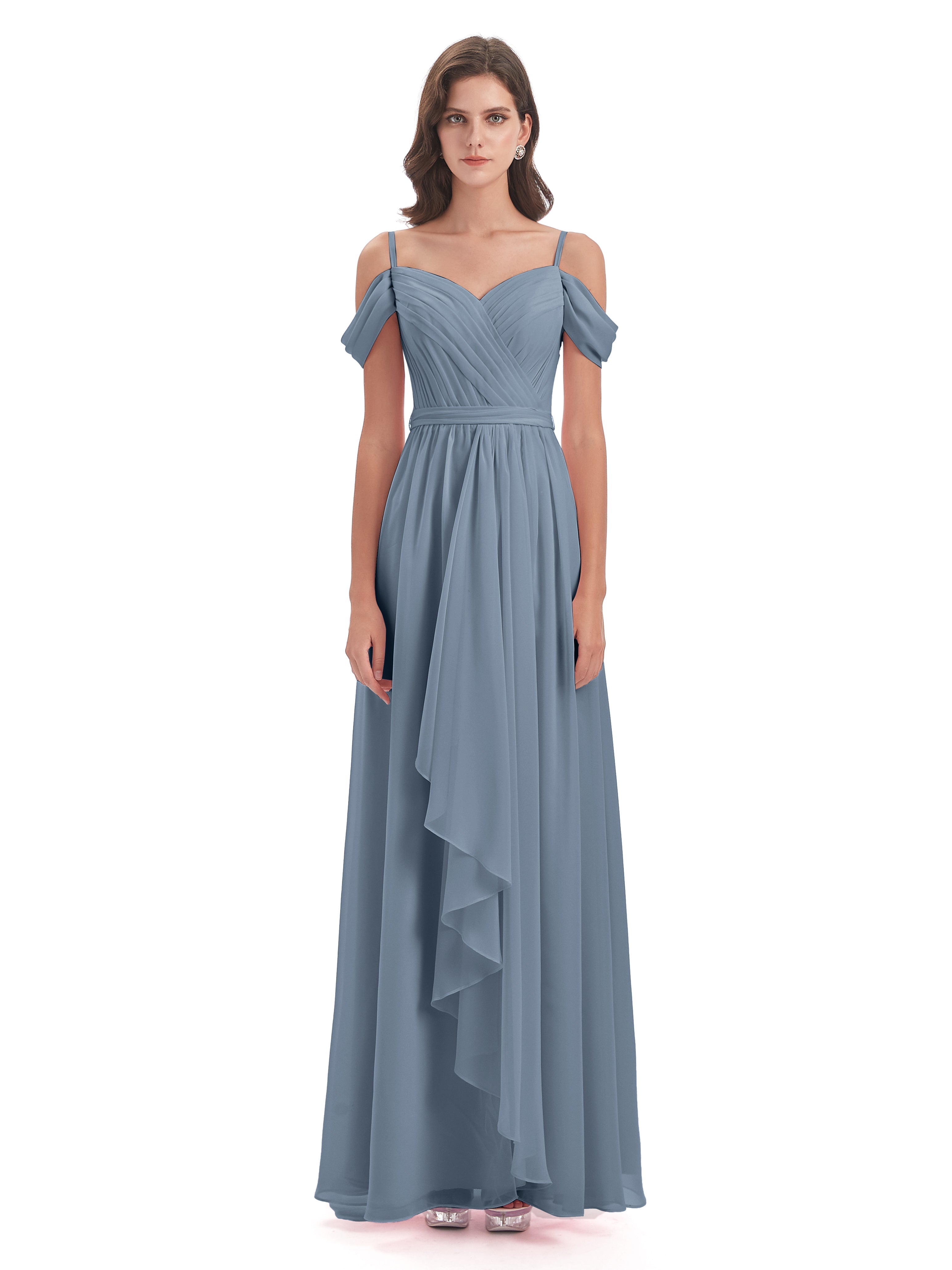 Robes De Demoiselle D'Honneur Bleu Gris Bretelles Spaghetti Fendue Plis Robes Demoiselle D'Honneur