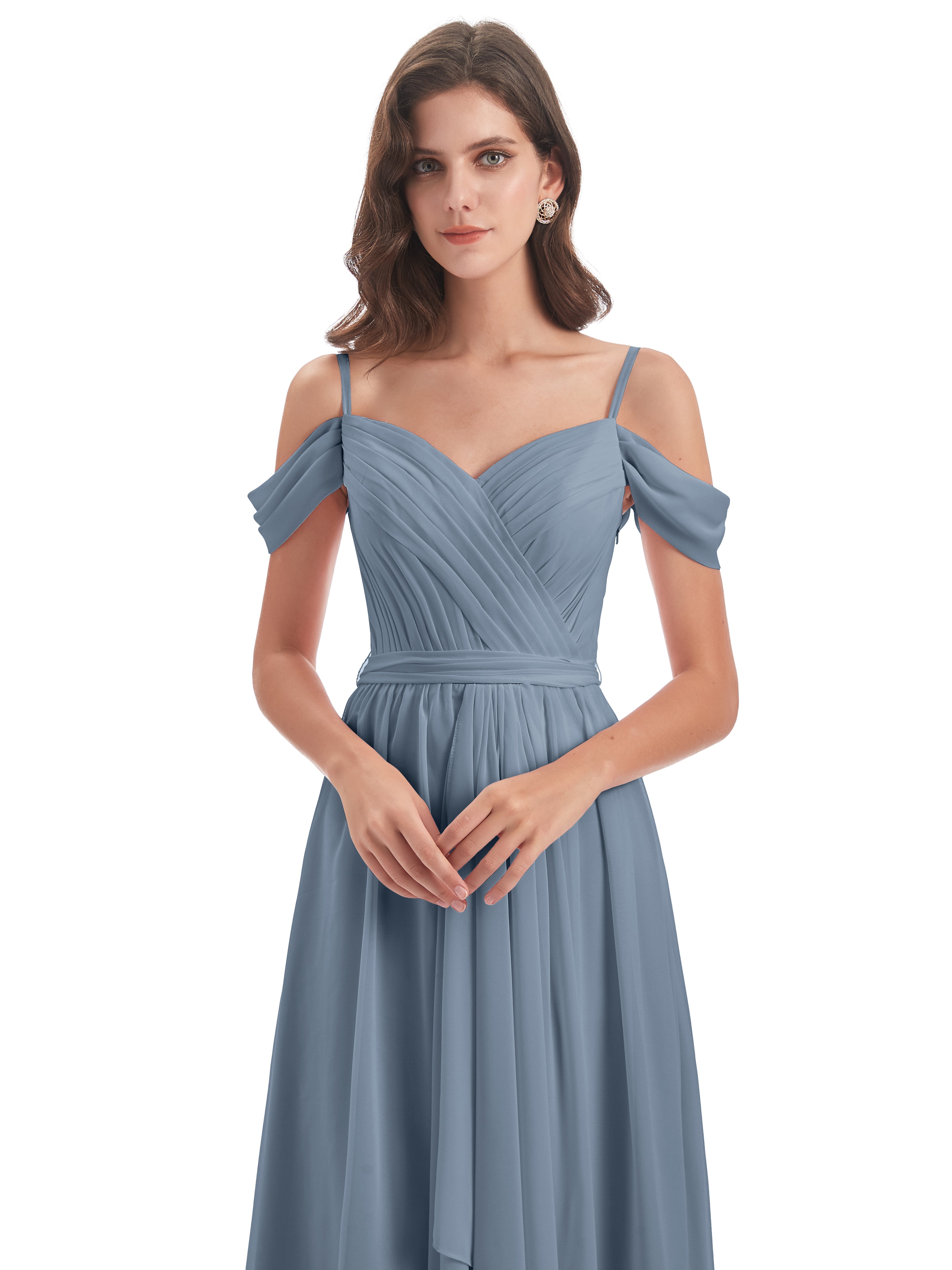 Robes De Demoiselle D'Honneur Bleu Gris Bretelles Spaghetti Fendue Plis Robes Demoiselle D'Honneur
