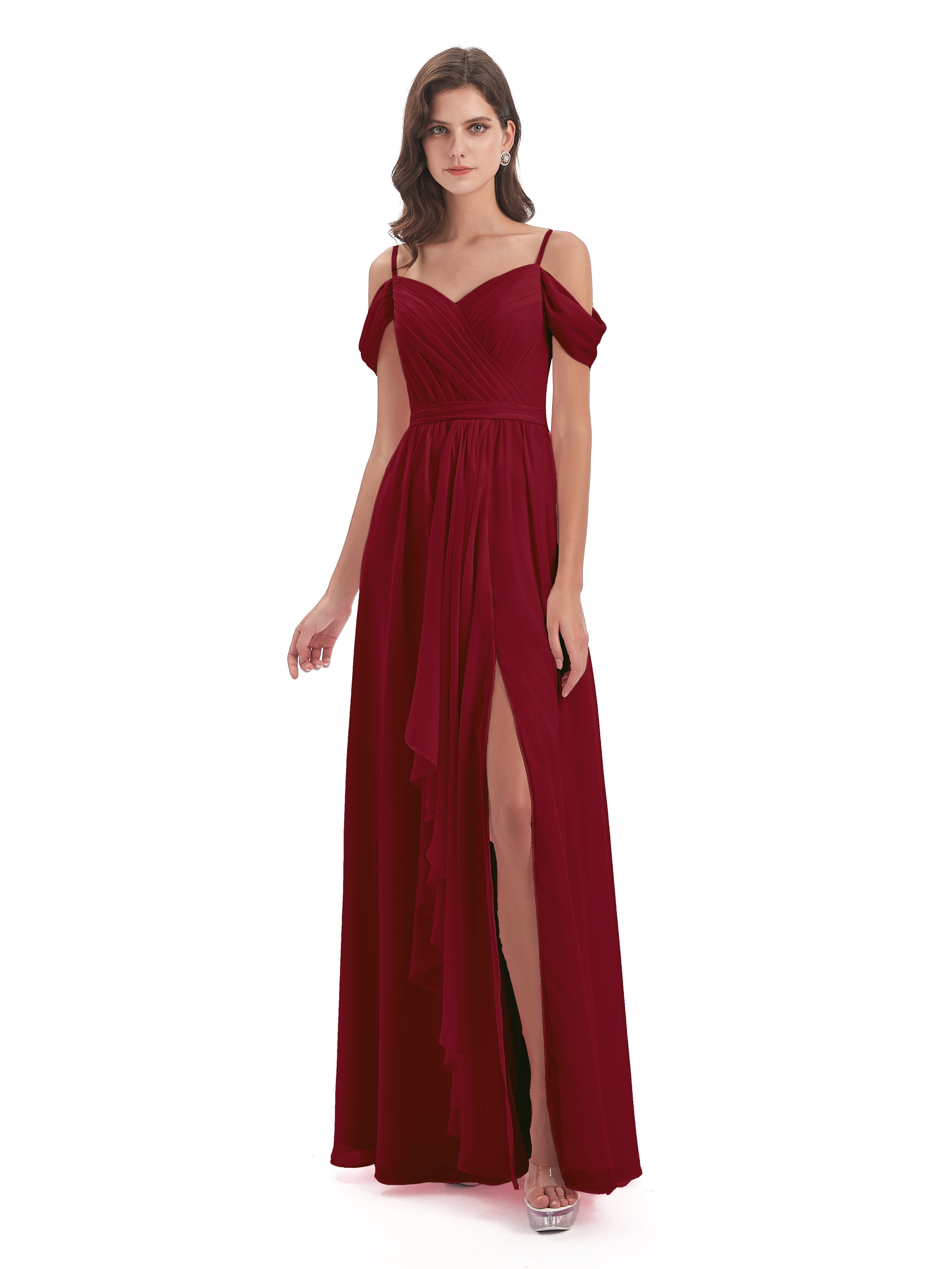 Robes De Demoiselle D'Honneur Bordeaux À Moins De 100 $ Bretelles Spaghetti Fendue Plis Robes Demoiselle D'Honneur