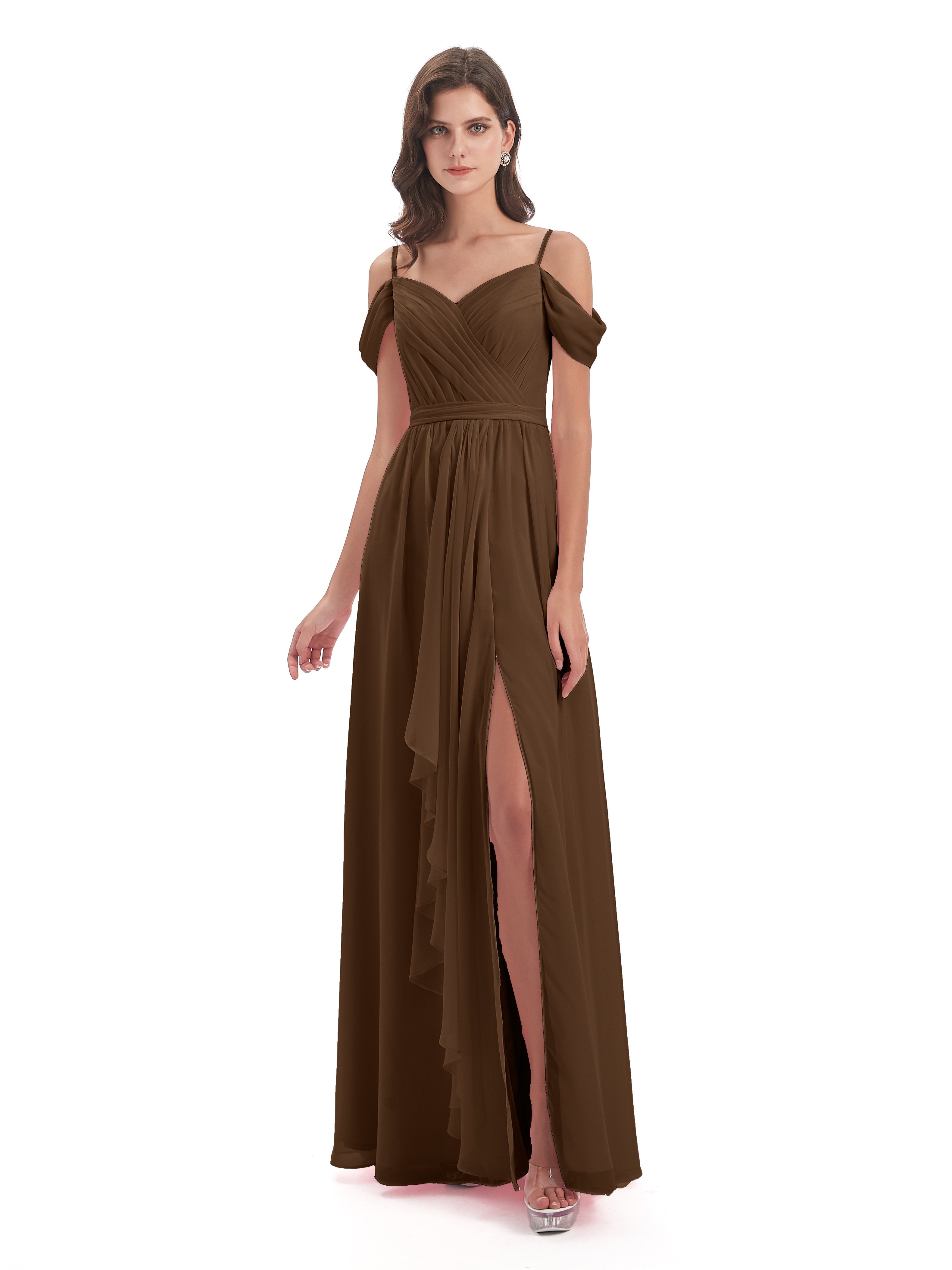 Robe Demoiselle D Honneur Brun Bretelles Spaghetti Fendue Plis Robes Demoiselle D'Honneur