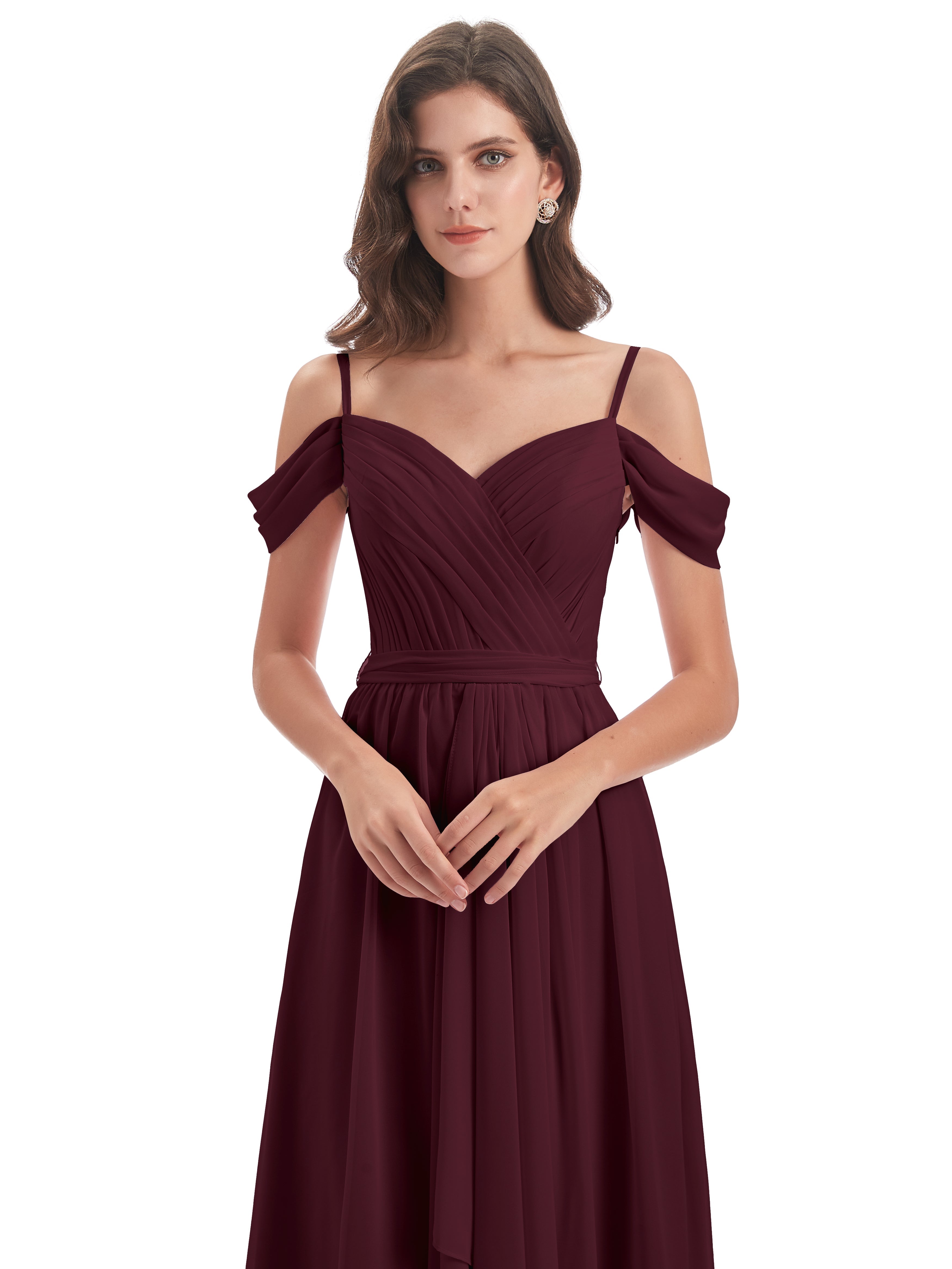 Robes De Demoiselle D'Honneur Cabernet Bretelles Spaghetti Fendue Plis Robes Demoiselle D'Honneur