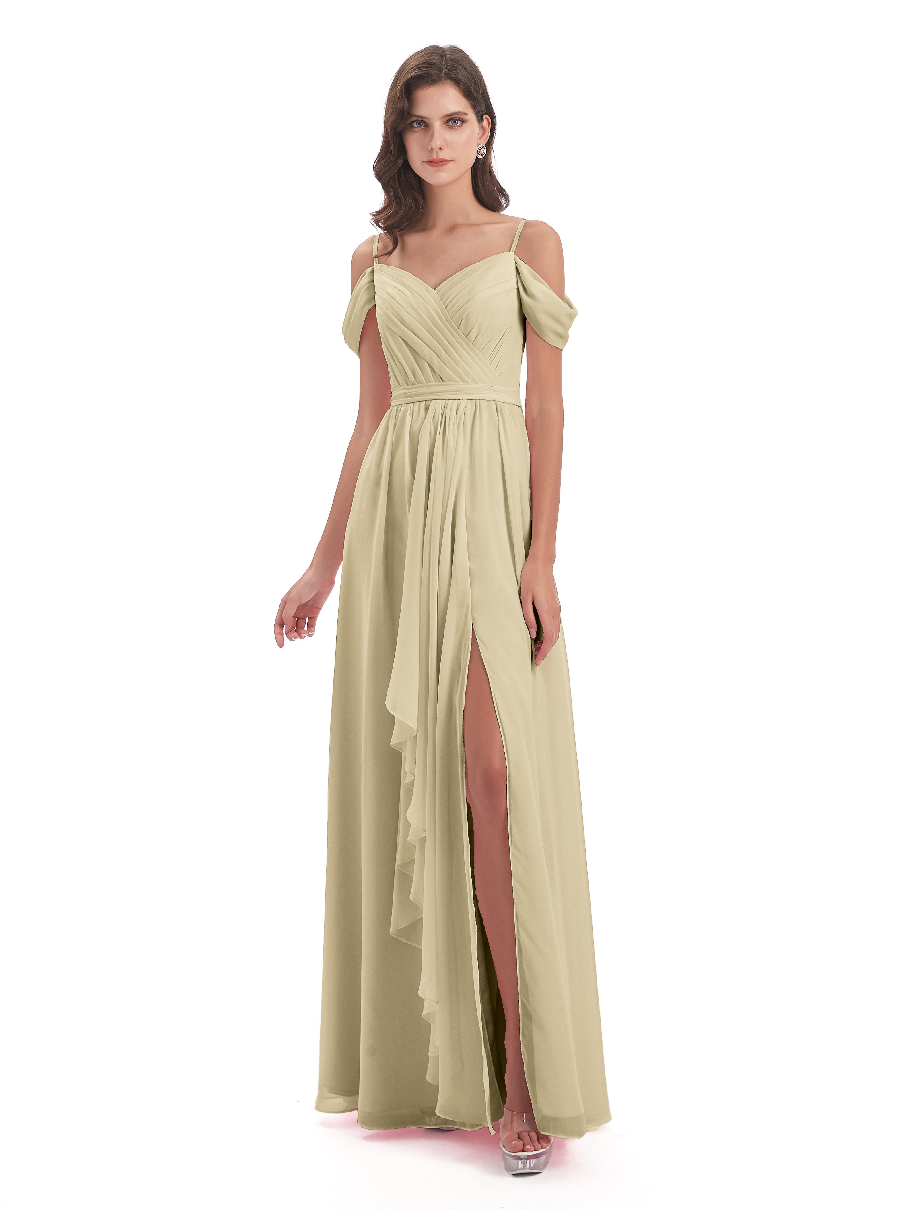 Robe Champagne Demoiselle D Honneur Bretelles Spaghetti Fendue Plis Robes Demoiselle D'Honneur