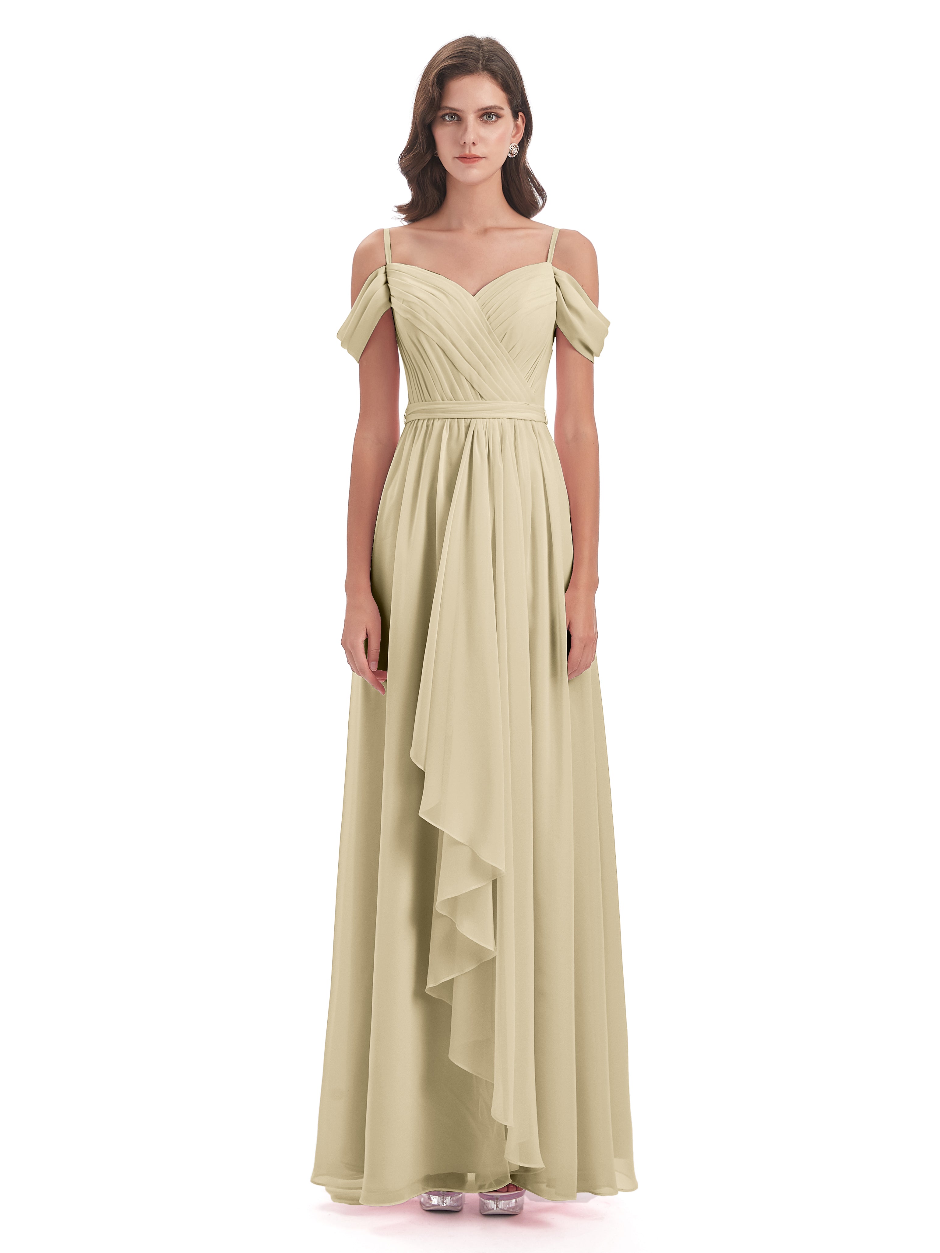 Robe Champagne Demoiselle D Honneur Bretelles Spaghetti Fendue Plis Robes Demoiselle D'Honneur