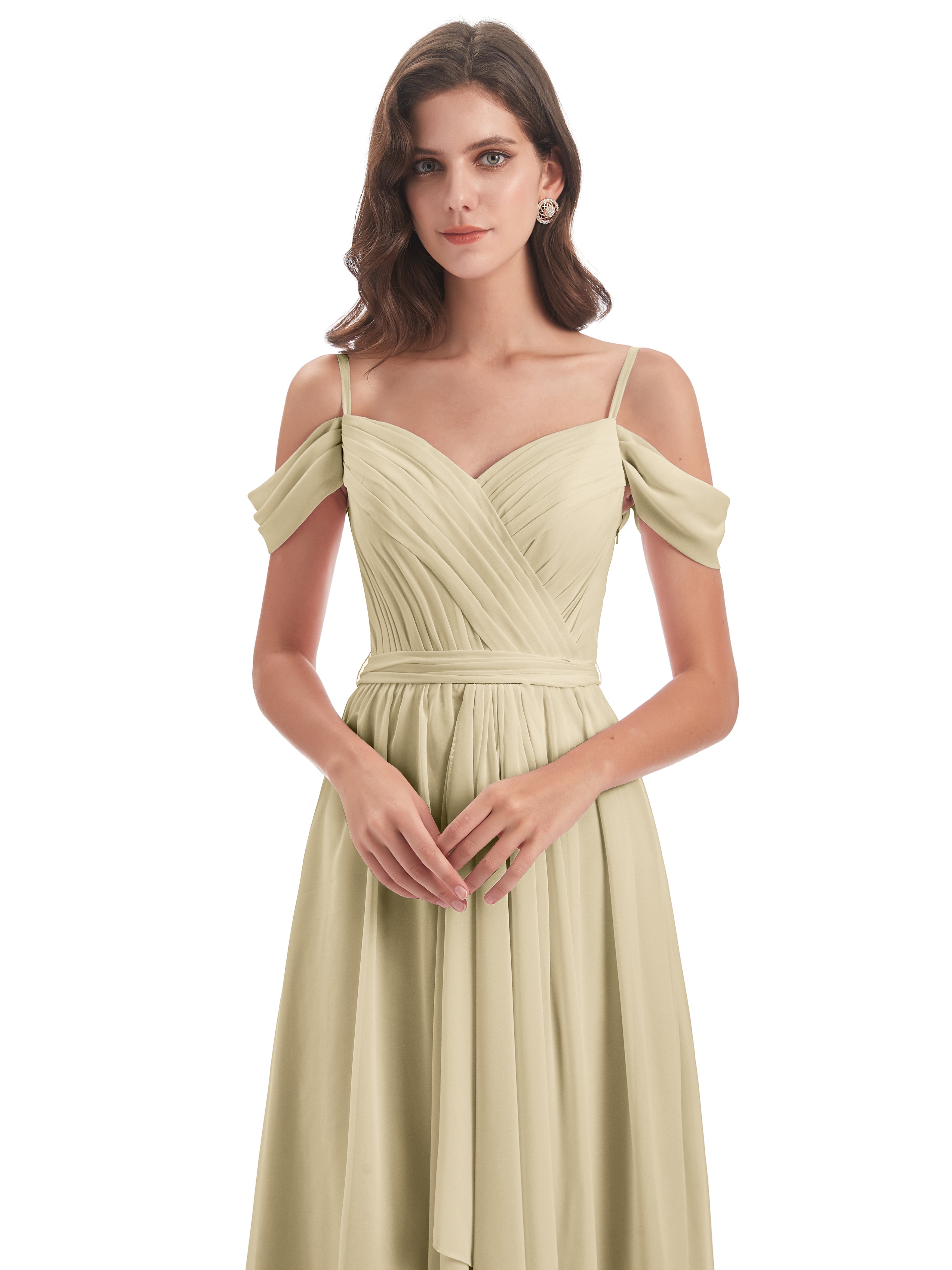 Robe Champagne Demoiselle D Honneur Bretelles Spaghetti Fendue Plis Robes Demoiselle D'Honneur