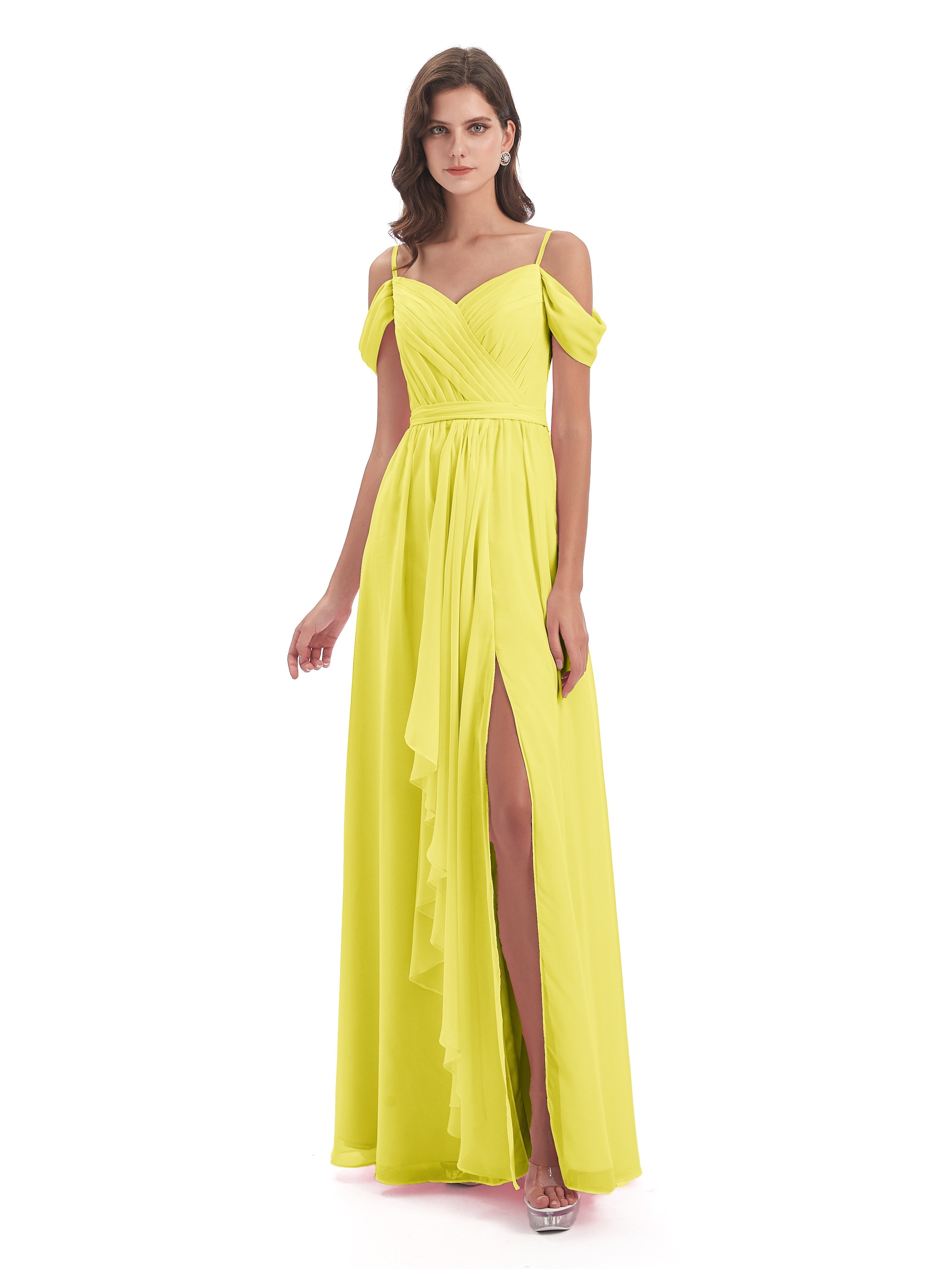 Robes De Demoiselle D'Honneur Citron Bretelles Spaghetti Fendue Plis Robes Demoiselle D'Honneur