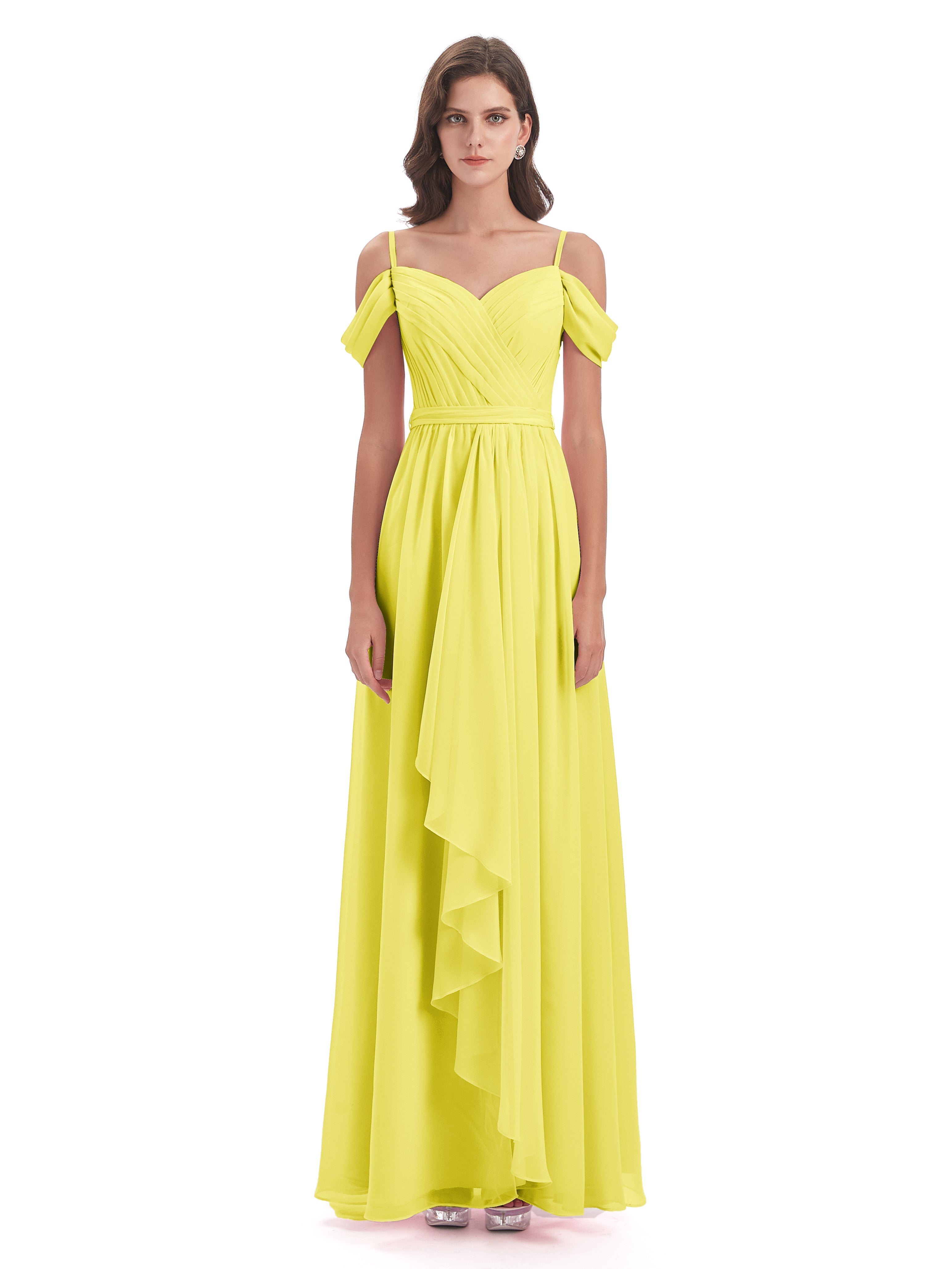 Robes De Demoiselle D'Honneur Citron Bretelles Spaghetti Fendue Plis Robes Demoiselle D'Honneur